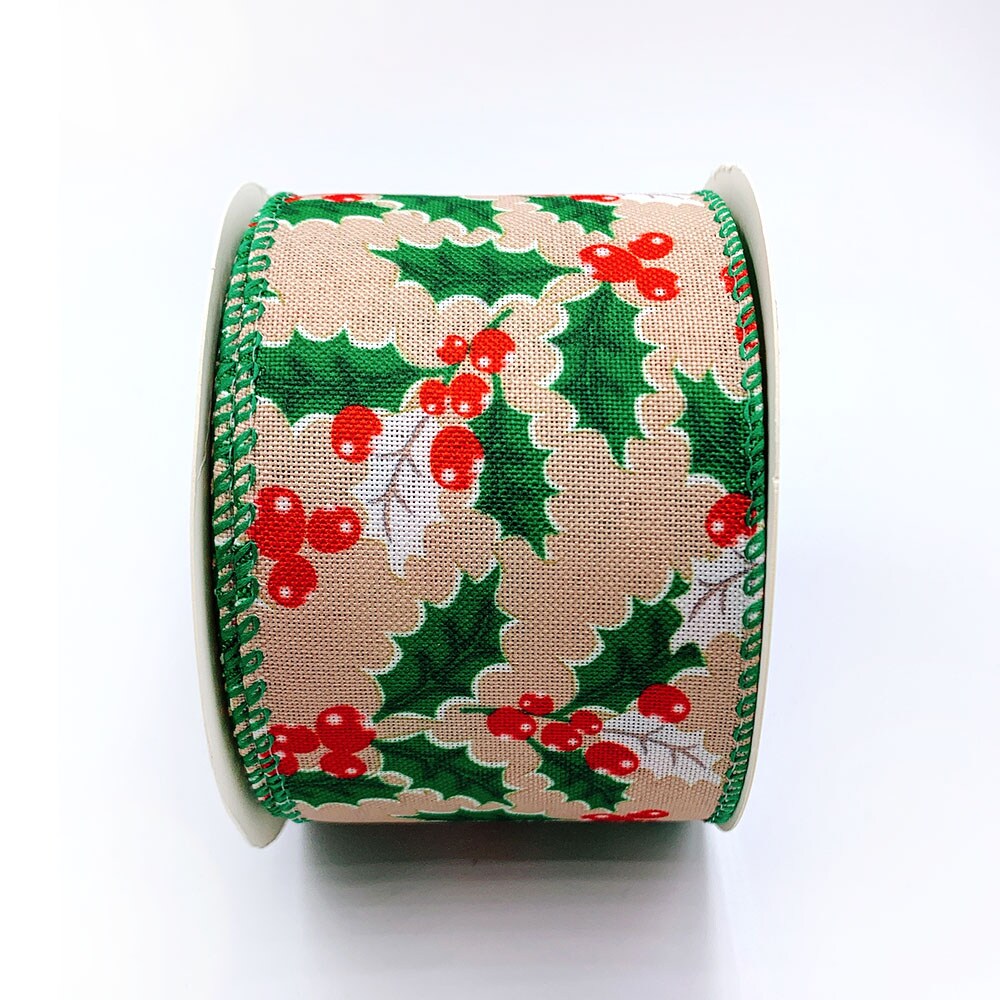 Designer&#x27;s Shop Holiday Holly Berries wired edge ribbons WR 63-5102, 2.5&#x22; x 10 yards