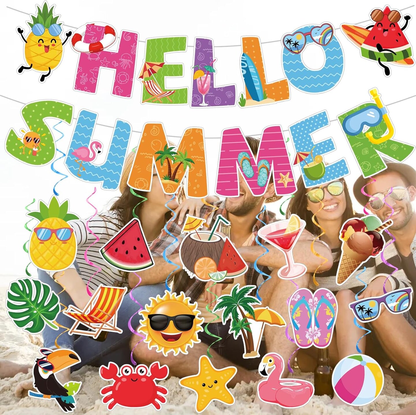Summer Beach Party Decorations - Pre-Strung Hello Summer Banner and 16 Hanging Swirls Pool Party Decorations for Home Office Classroom