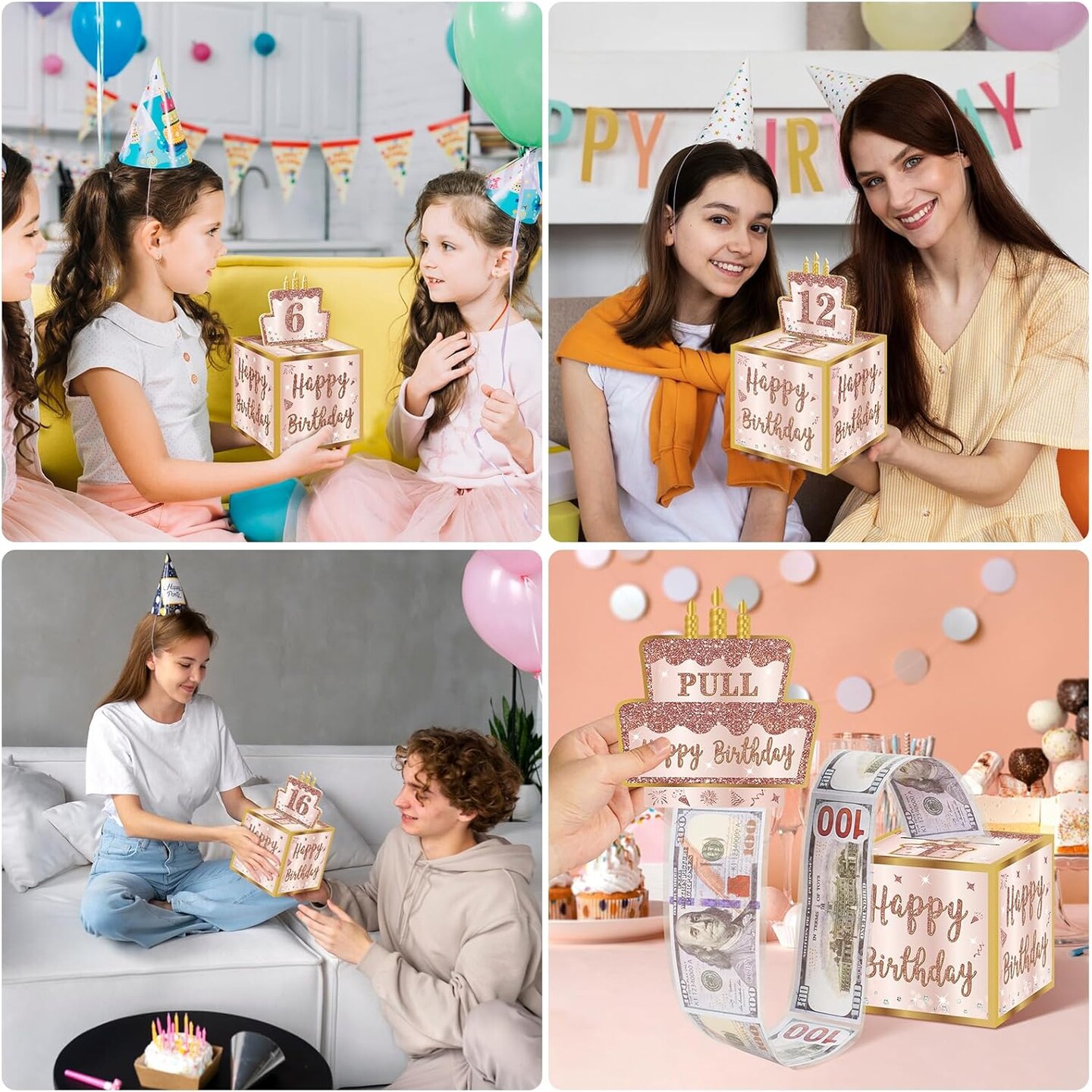Happy Birthday Money Gift Box with DIY Stickers for Any Age - Pink Rose Gold Surprise Birthday Party Cash Gift Box with Pull Out Card for Women Girls - A Fun Way to Present Cash as Gifts