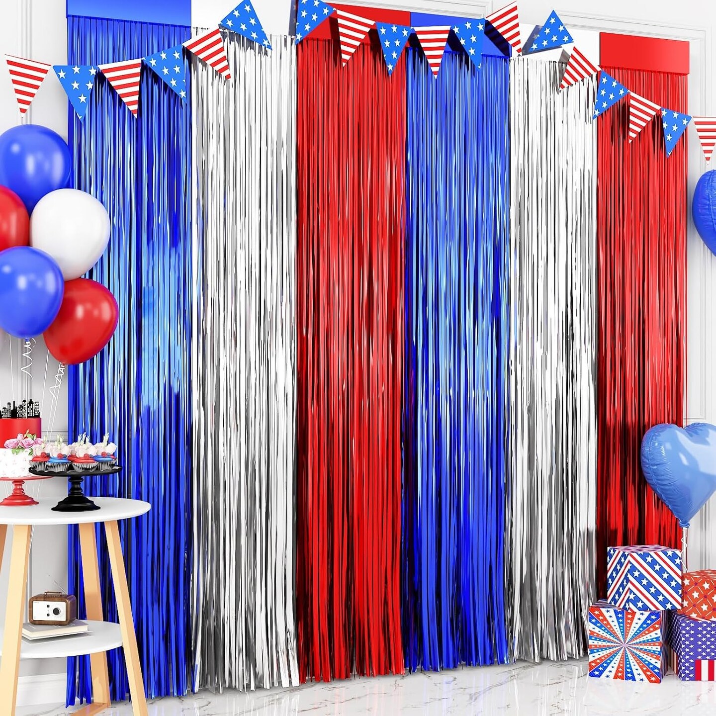 4th of July &#x26; Veterans Day Decorations, 2 Packs 3.3 x 6.6 ft Red White and Blue Foil Fringe Curtains, Tinsel Streamers for Patriotic Parties