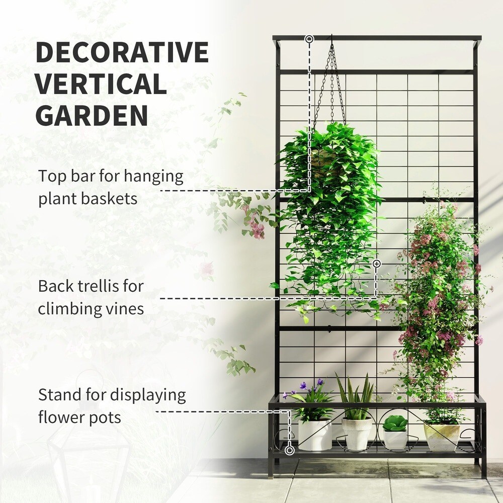 Multi-Tier Tall Metal Flower Plant Stand with Trellis & Hanging Bar