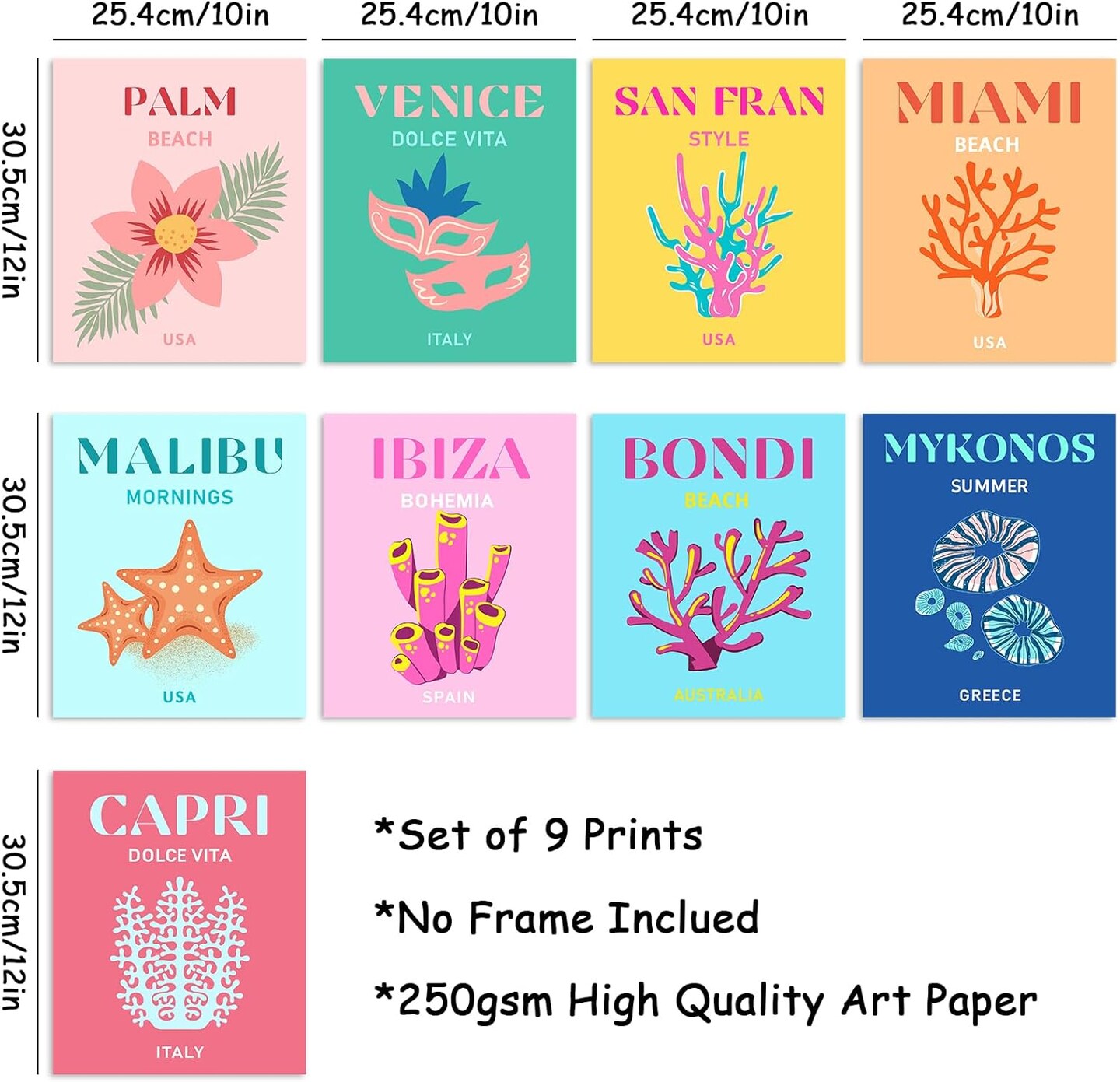9Pcs Preppy Travel Wall Art Prints Colorful Abstract Aesthetic Preppy Room Decor Minimalist Art Poster Decor for Teen Girls Bedroom Pink College Dorm Room Posters(UNFRAMED 10x12in)