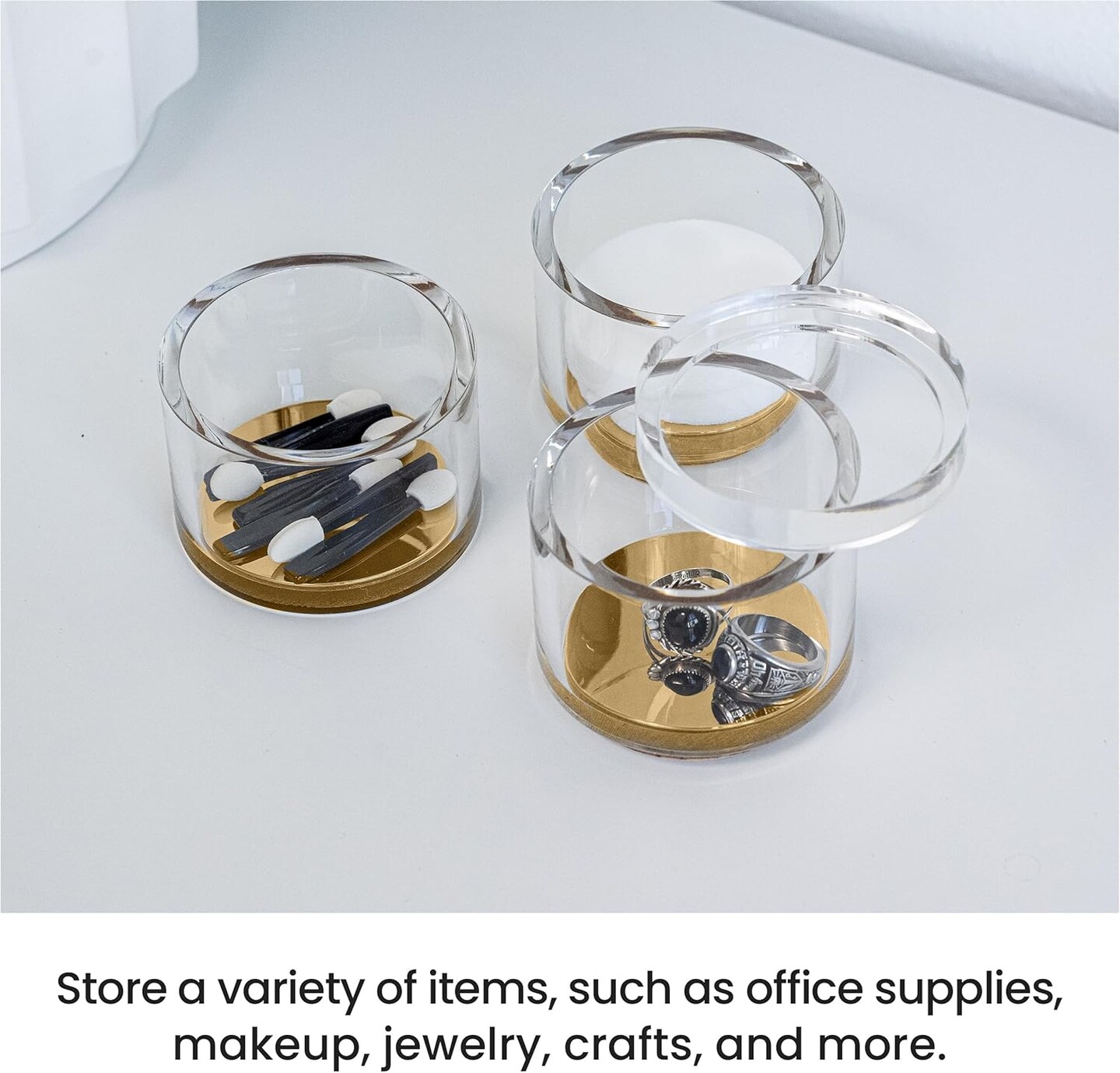 3-Tier Stackable Acrylic Holder- Stylish Desk Organizer and Storage for Office or Home &#x2013; Transparent Round Design with Gold Metal Base