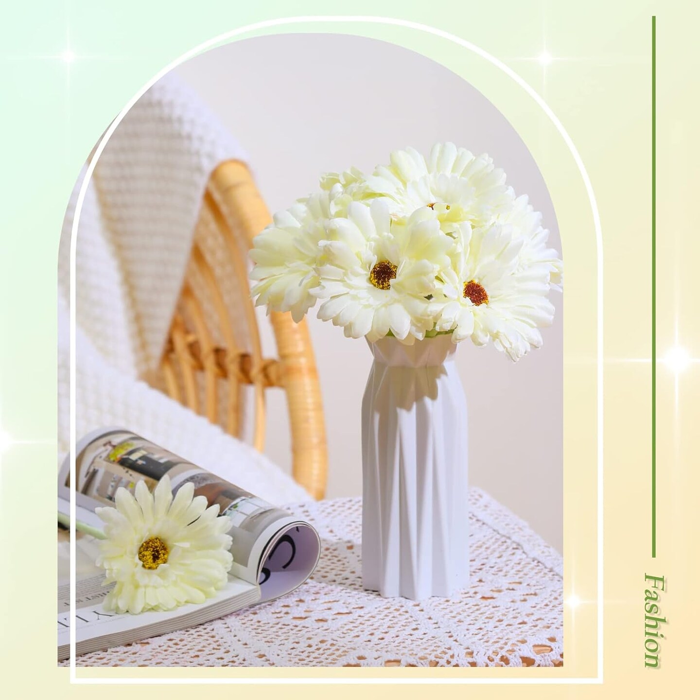 21 Pcs Artificial Gerbera Daisy Faux Gerbera Daisy with Stems Boho White Flowers White Silk Flowers Bouquet Fake Daisies for Garden Wedding Bridal Home Kitchen Party Decor