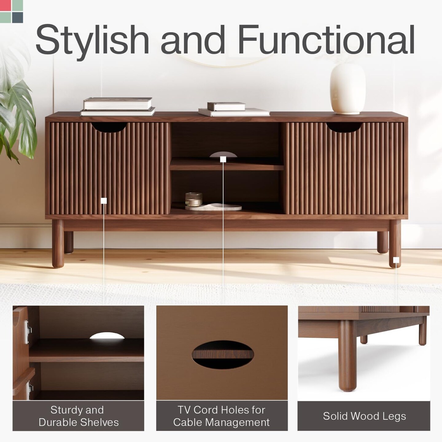 Stead Low Profile Fluted TV Stand, Mid Century Modern TV Stand, Living Room Furniture - 48&#x201D; Entertainment Center with Shelves and Doors, Fits 55&#x22; TVs, Walnut TV Stand, Modern Home Decor (Walnut)