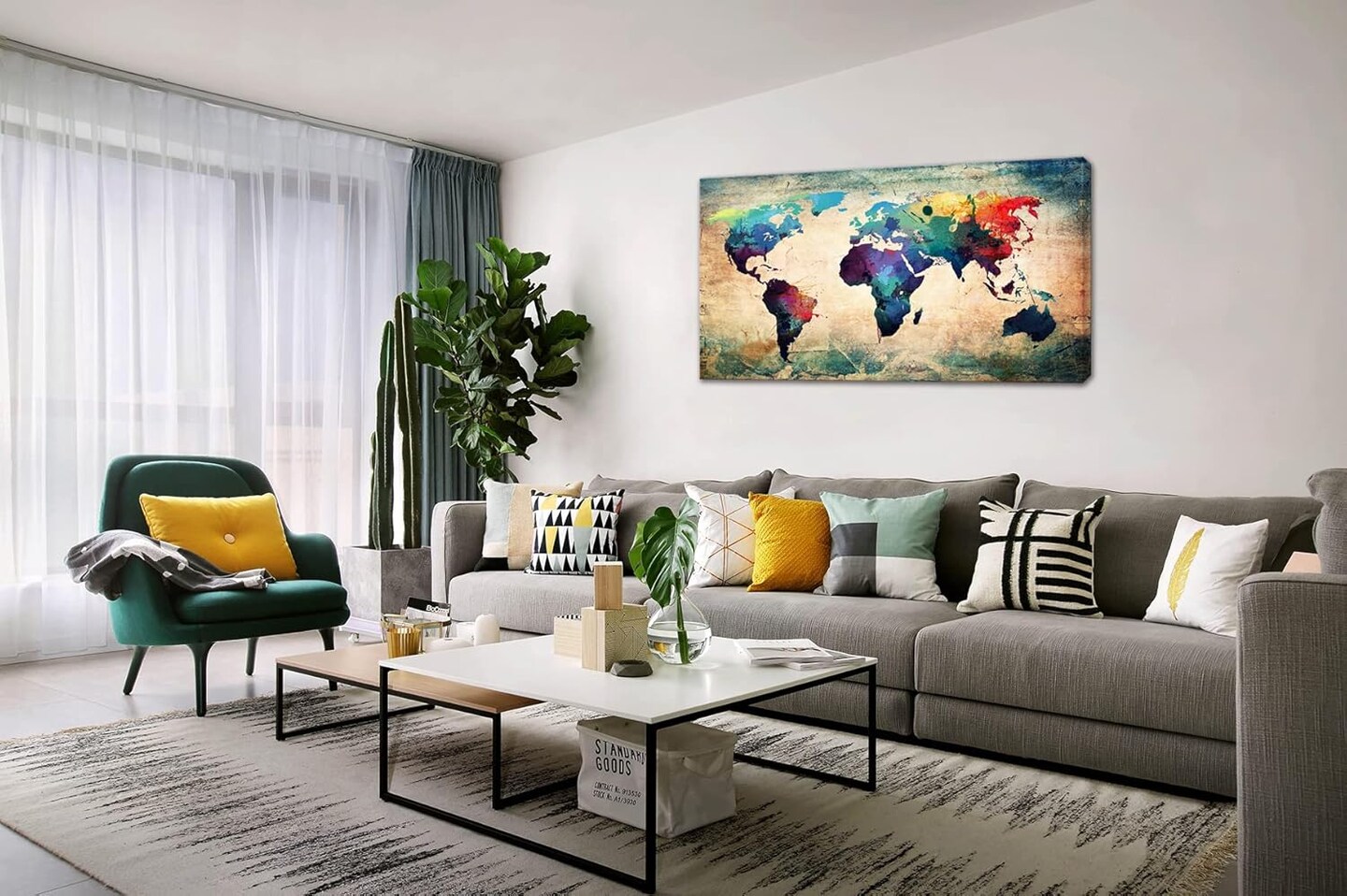 Abstract World Map Canvas Painting Vintage Posters Prints Colorful Wall Art Wall Pictures Framed Ready to Hang for Living Room Bedroom Office Home Decor