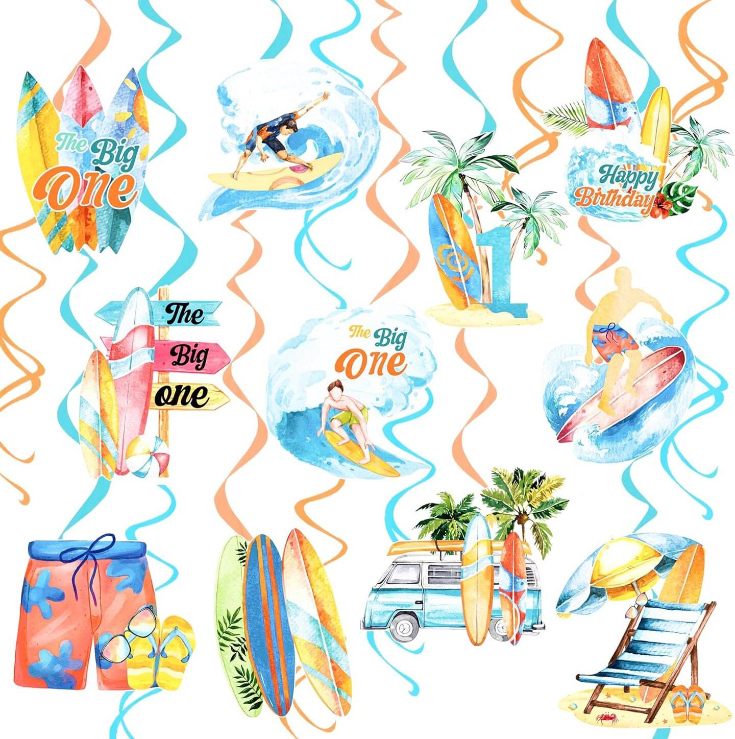 Summer Surfing Party Hanging Swirls Vintage Surfing Birthday Decoration Surfboard Themed Swirl Ceiling Summer Beach Surf Party Hanging Streamer for Hawaii Party The Big One Surf Party Supplies
