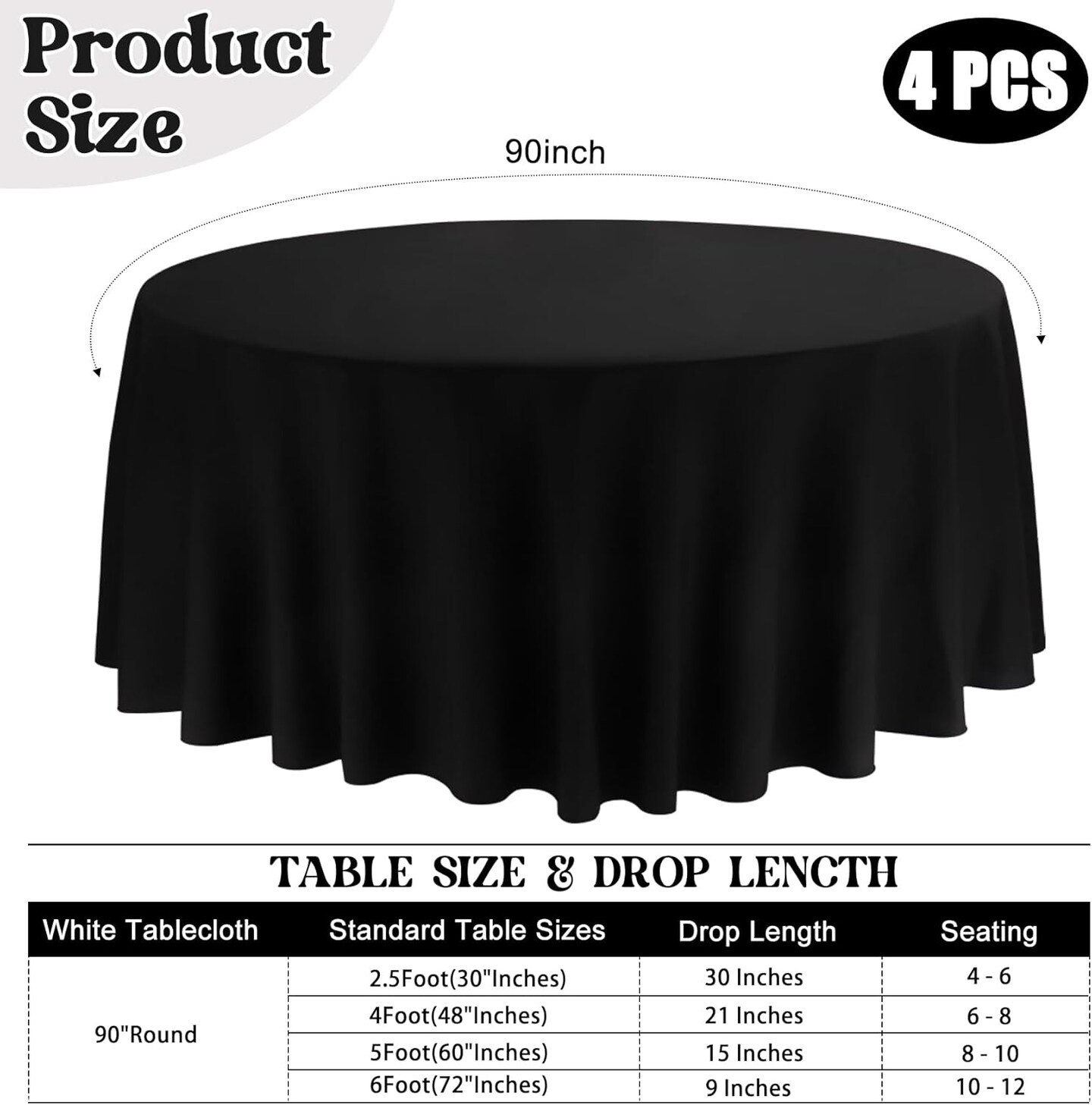 4 Pack 90 Inch Black Round Tablecloths &#x2013; Washable Polyester Table Covers for Weddings, Dining, Buffets, Parties, and Banquets