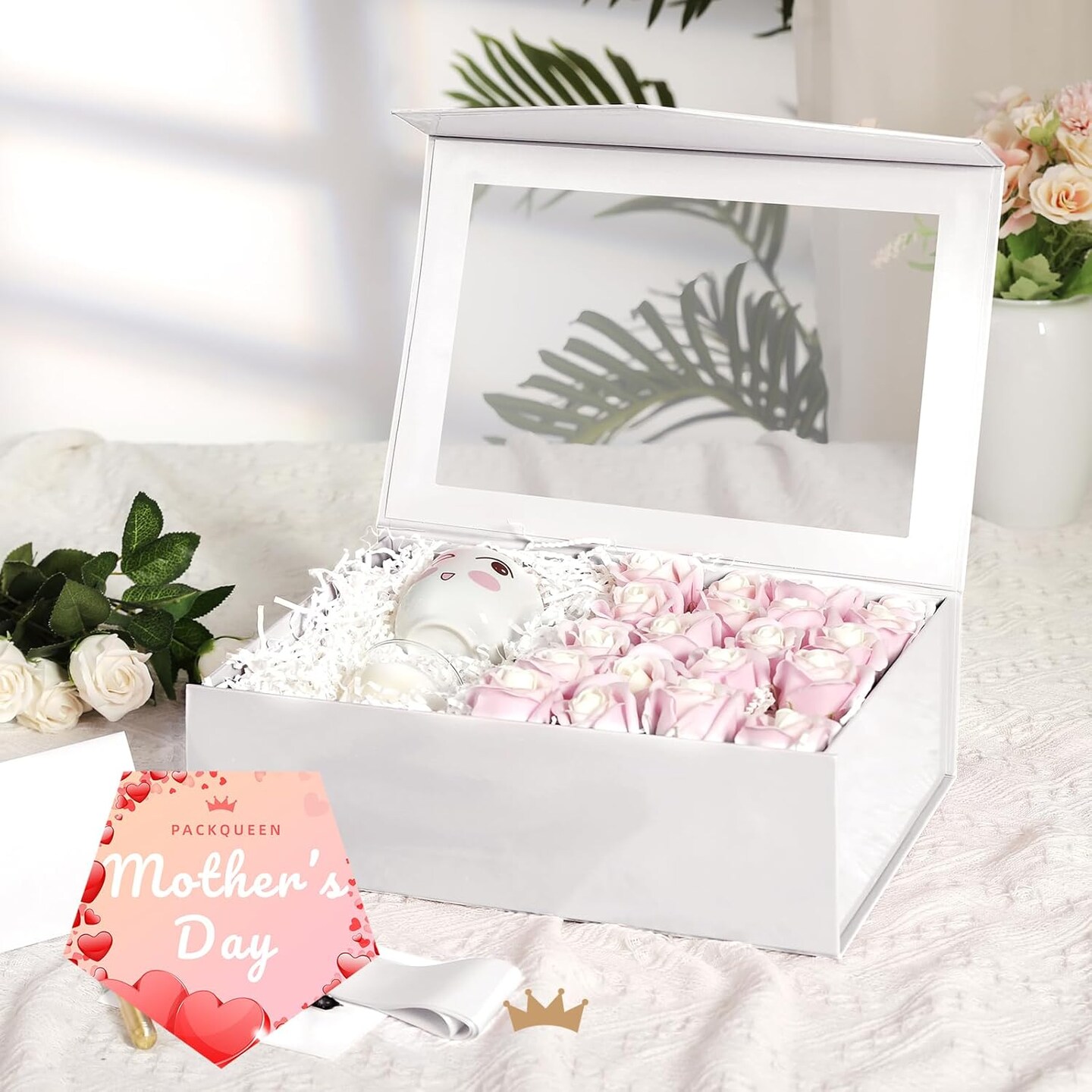 Large White Gift Box with Window, Clear Gift Box for Present Contains Ribbon, Card, Bridesmaid Proposal Box with Magnetic Lid (Glossy White)