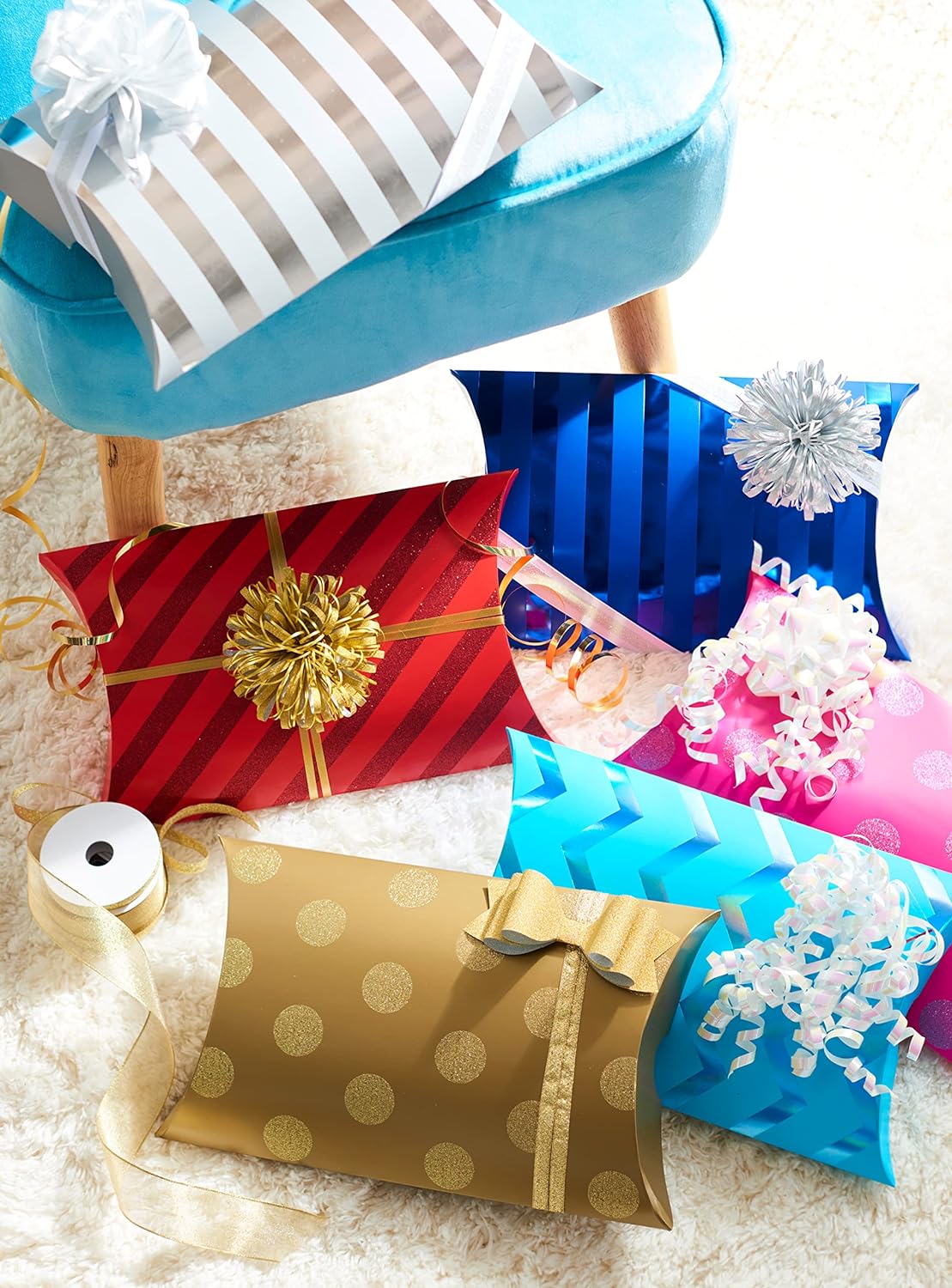 Pillow Gift Boxes, Bright Multicolored Polka Dots and Stripes (6 Boxes)