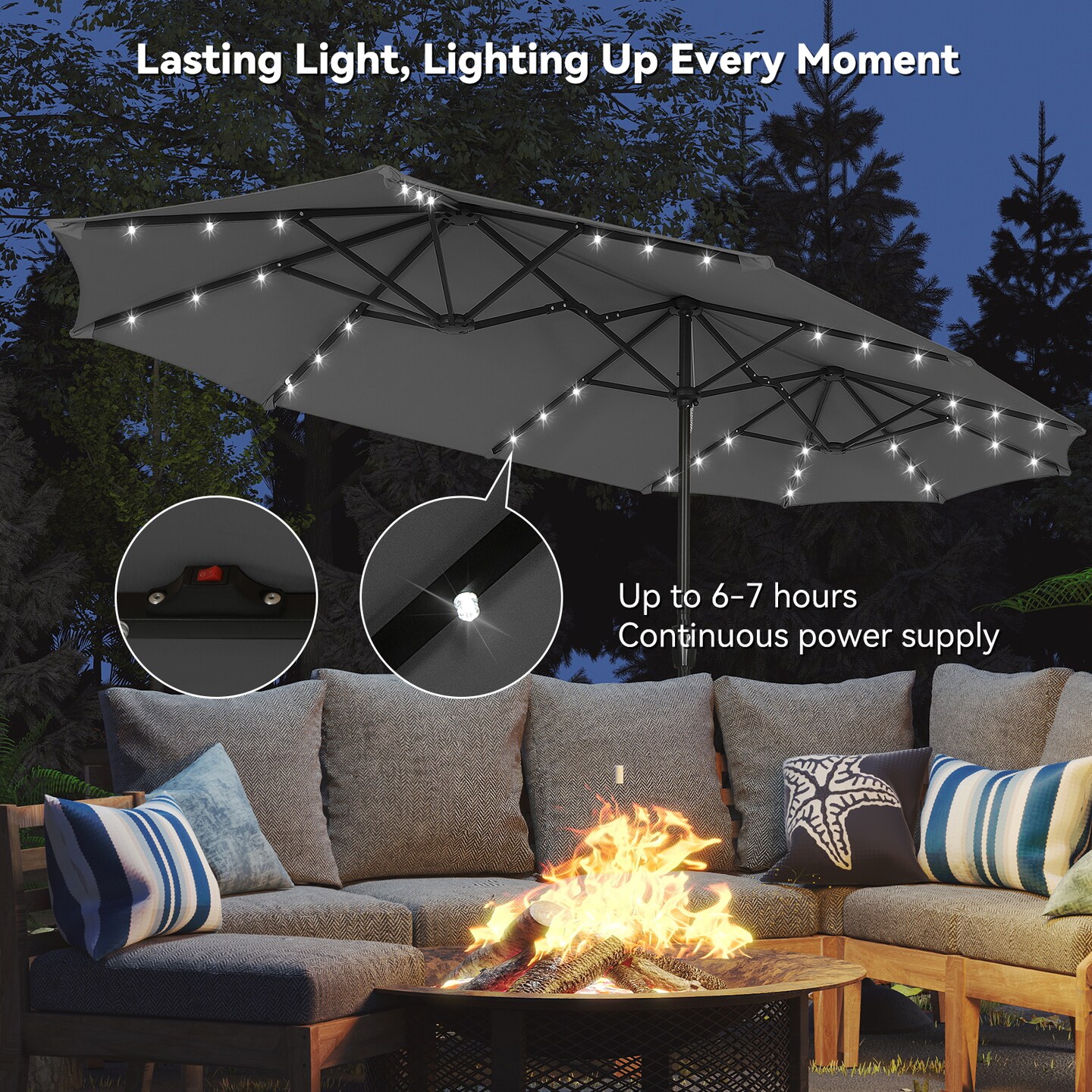 13ft Large Rectangular Outdoor Patio Umbrella with Solar Light, Reversible Outdoor Shade with Crank and Tilt for Garden, Patio, Deck and Pool (Dark Gray)