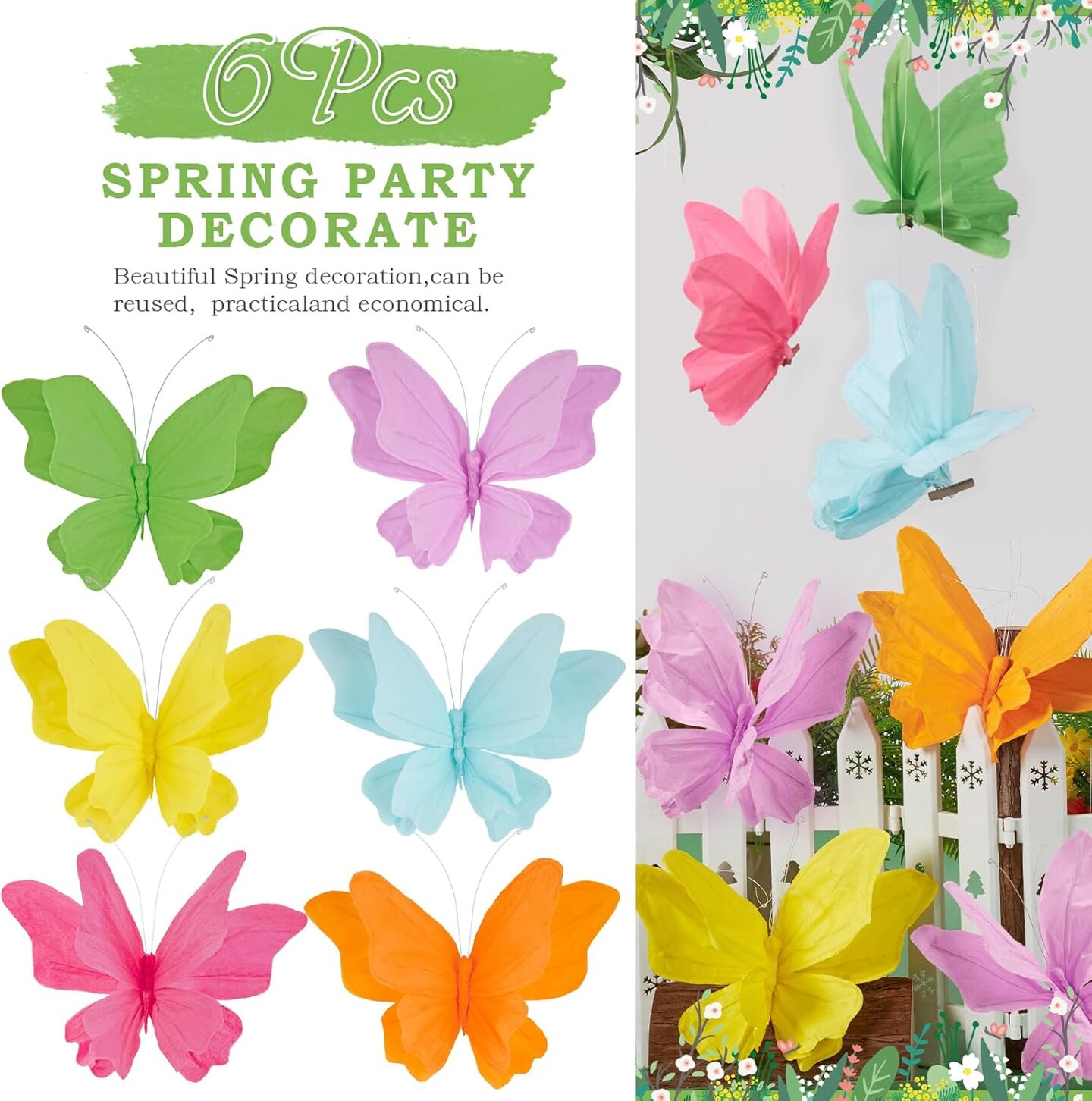 6Pcs Hanging Butterflies, Large Butterfly Decorations, 3D Paper Decoration, Pink Green Blue Orange for Baby Shower Decor Girls, Women, Paper Flowers for Wall
