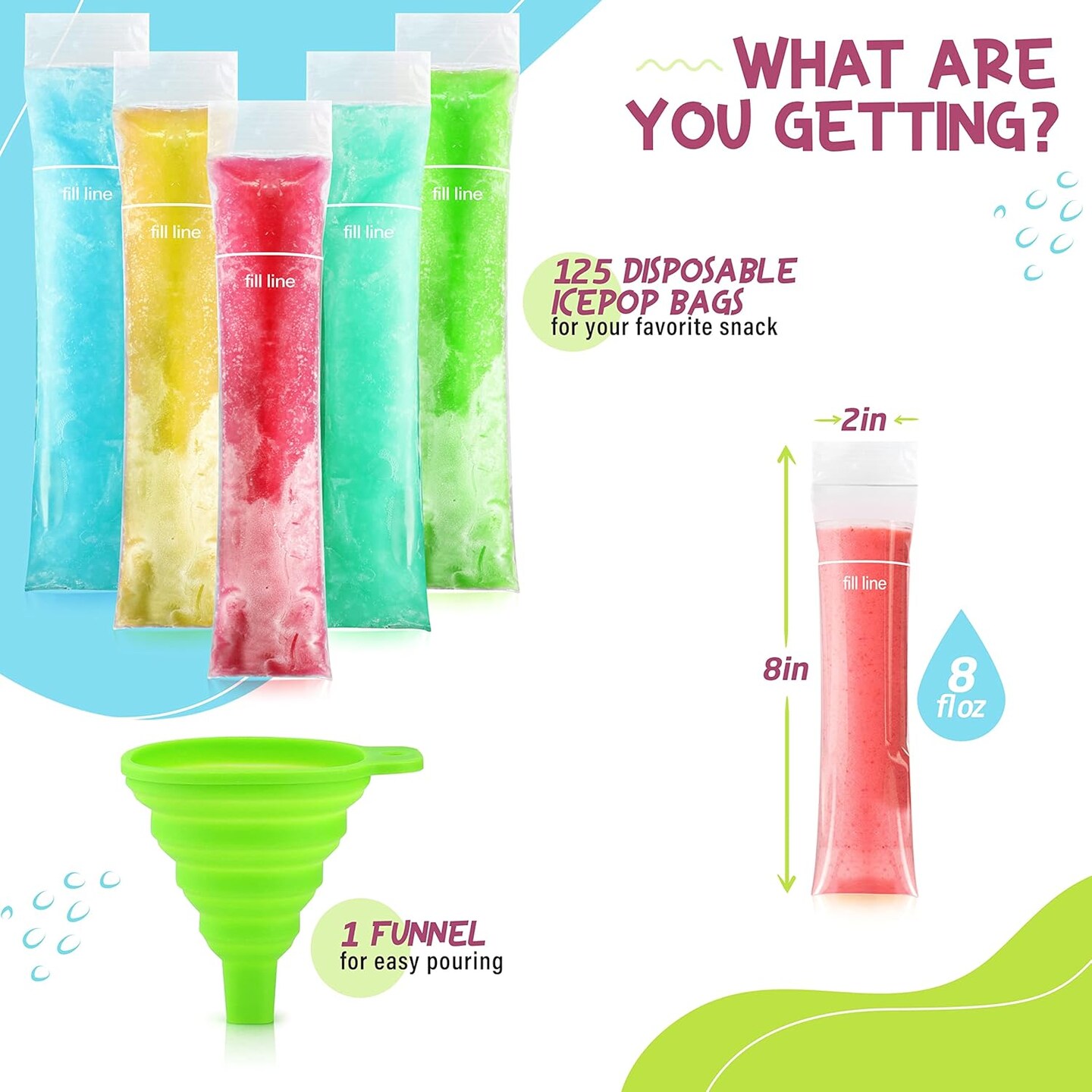 125 Disposable Ice Popsicle Mold Bags| BPA Free Freezer Tubes With Zip Seals | For Healthy Snacks, Yogurt Sticks, Juice &#x26; Fruit Smoothies, Ice Candy Pops| Comes With A Funnel (8x2&#x22;)