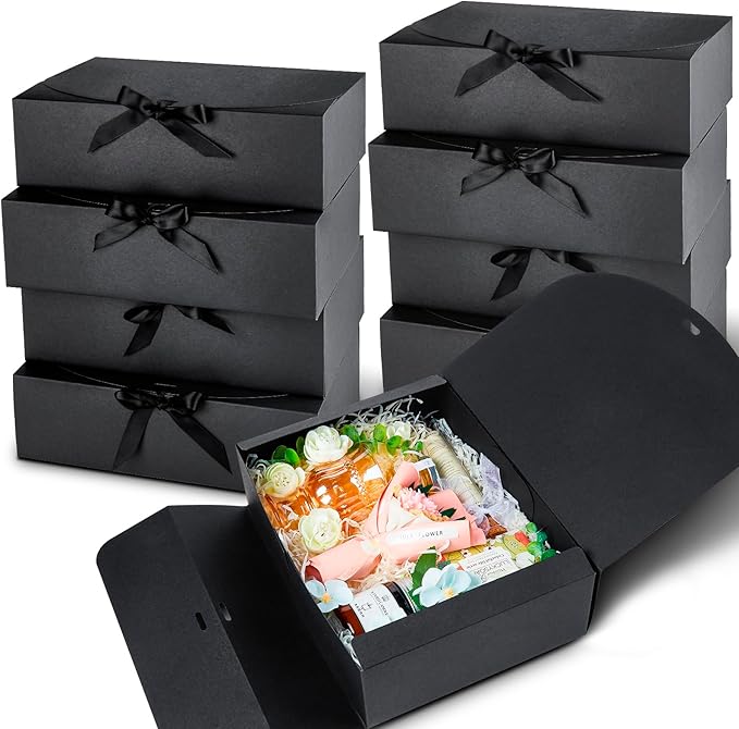 15 PCS Black Gift Boxes with Ribbons, Bridesmaid Proposal Boxes with Lids Present Packaging Boxes for Wedding, Birthday, Party and Bride Shower, 10.6 x 7.8 x 3.1 Inches