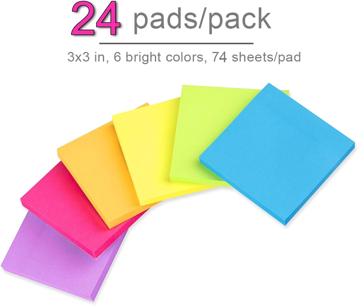 (24 Pack) Sticky Notes Post Bright Stickies Colorful Super Sticking Power Memo Pads, Strong Adhesive, 74 Sheets/pad