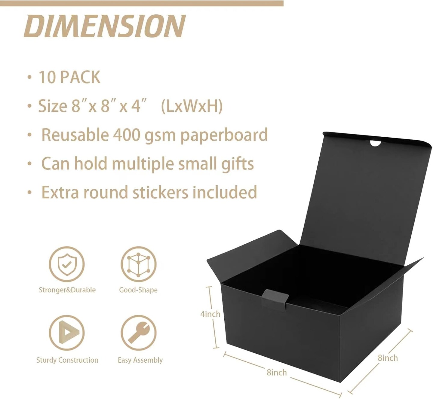 10-Pack Black Gift Boxes 8x8x4 Inches with Lid – Recyclable Paper for Weddings, Birthdays, Parties, Graduations & DIY Gifts (Black)