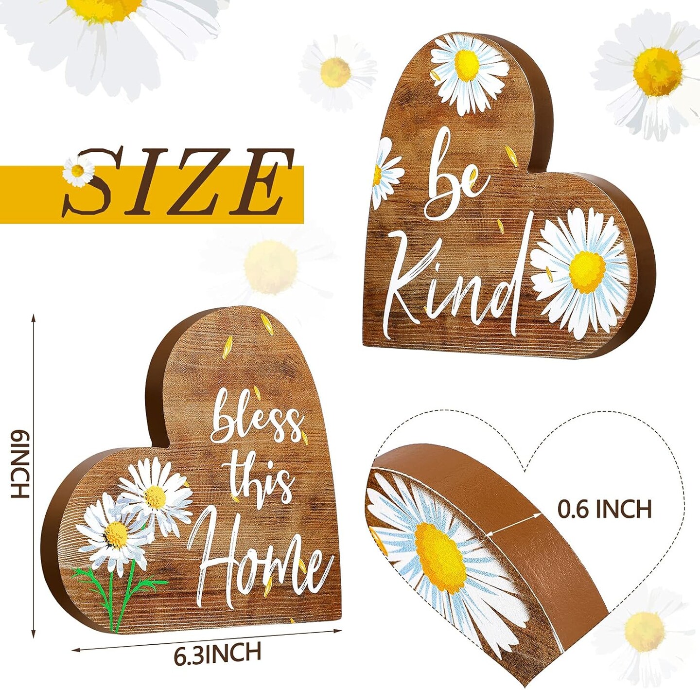 2 Pcs Rustic Table Decorations for Living Room Home Farmhouse Table Centerpieces Small Love Wooden Heart Decor for Dining Room Shelf Housewarming Gifts New House Decoration(Daisy Style)