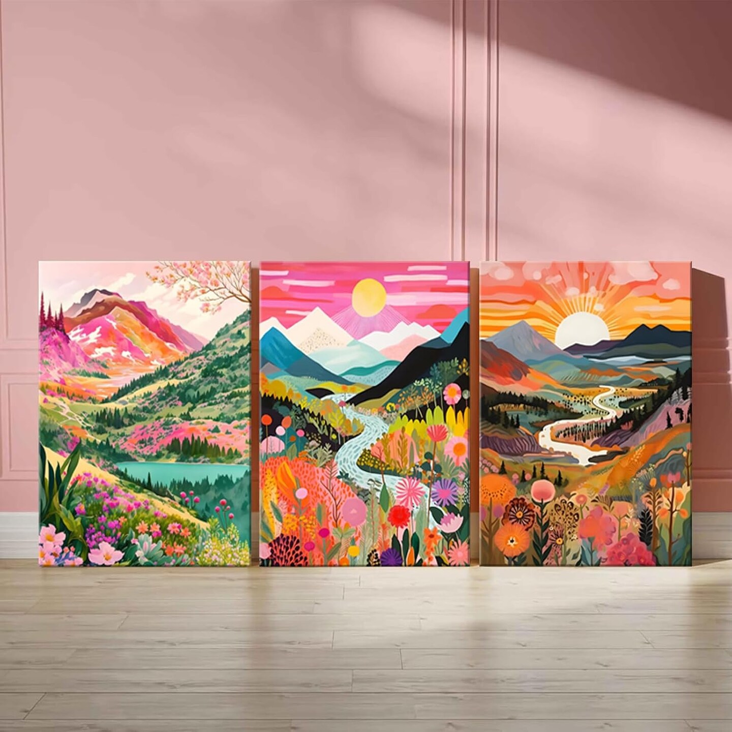 3Pcs Colorful Watercolor Mountain Canvas Wall Art Boho Floral Painting Picture Wall Decor Abstract Nature Landscape Poster Print Artwork for Living Room Bedroom Bathroom Office Home Decoration