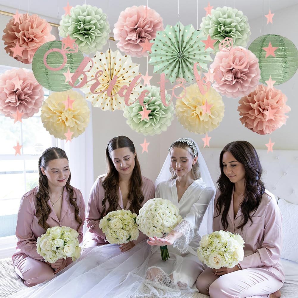 Sage Green and Dusty Pink Bachelorette Party Decorations Bridal Shower Decorations Bride to Be Banner Sage Green Dusty Pink Paper Pom Poms Paper Star Garland Engagement Wedding Shower Party Decor