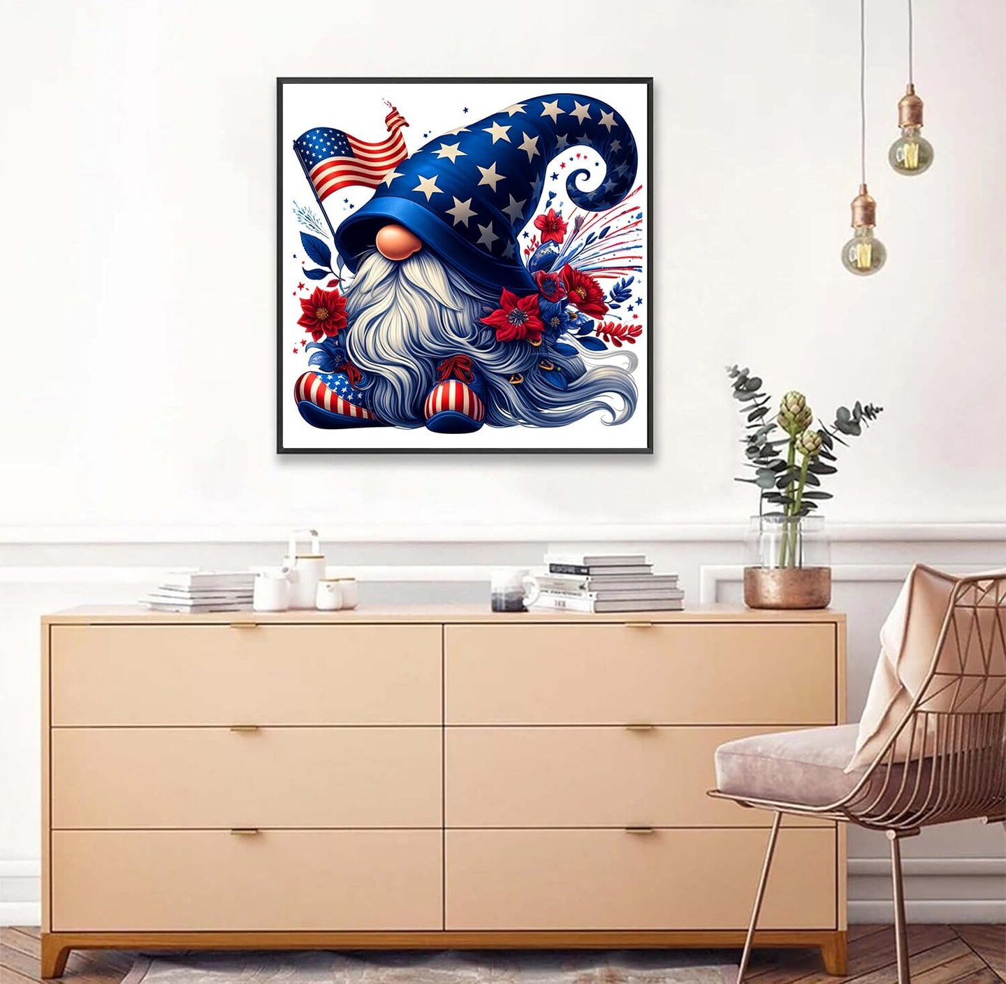 Gnome Diamond Art Kits for Adults-Round Full Drill 5D Patriotic Diamond Painting Kits for Adults Beginners Paint by Diamonds Pictures 4th of July Gem Art Painting Kits DIY Crafts Kits 12x12inch