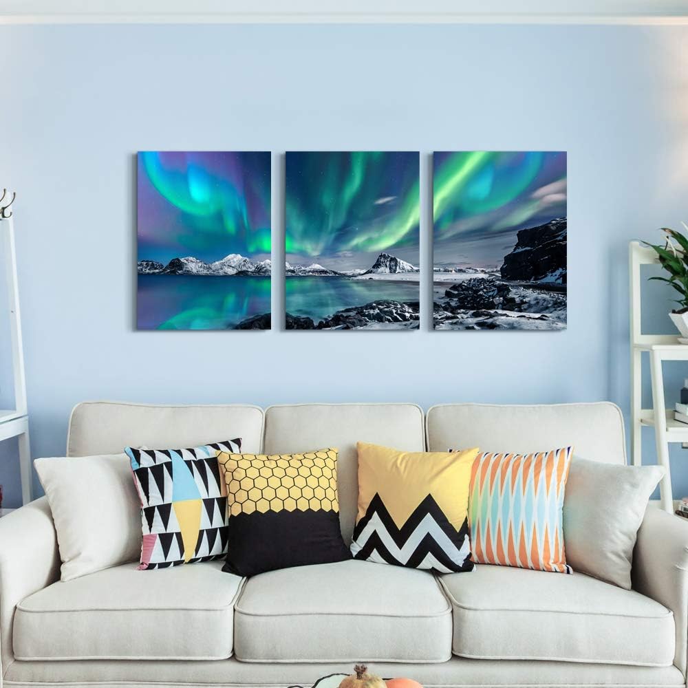 Wall Art Aurora Scenery Painting on Canvas Wall decorations for living room Stretched and Framed Canvas Paintings 3 piece bedroom bathroom wall decor Ready to Hang for office Home Decor art