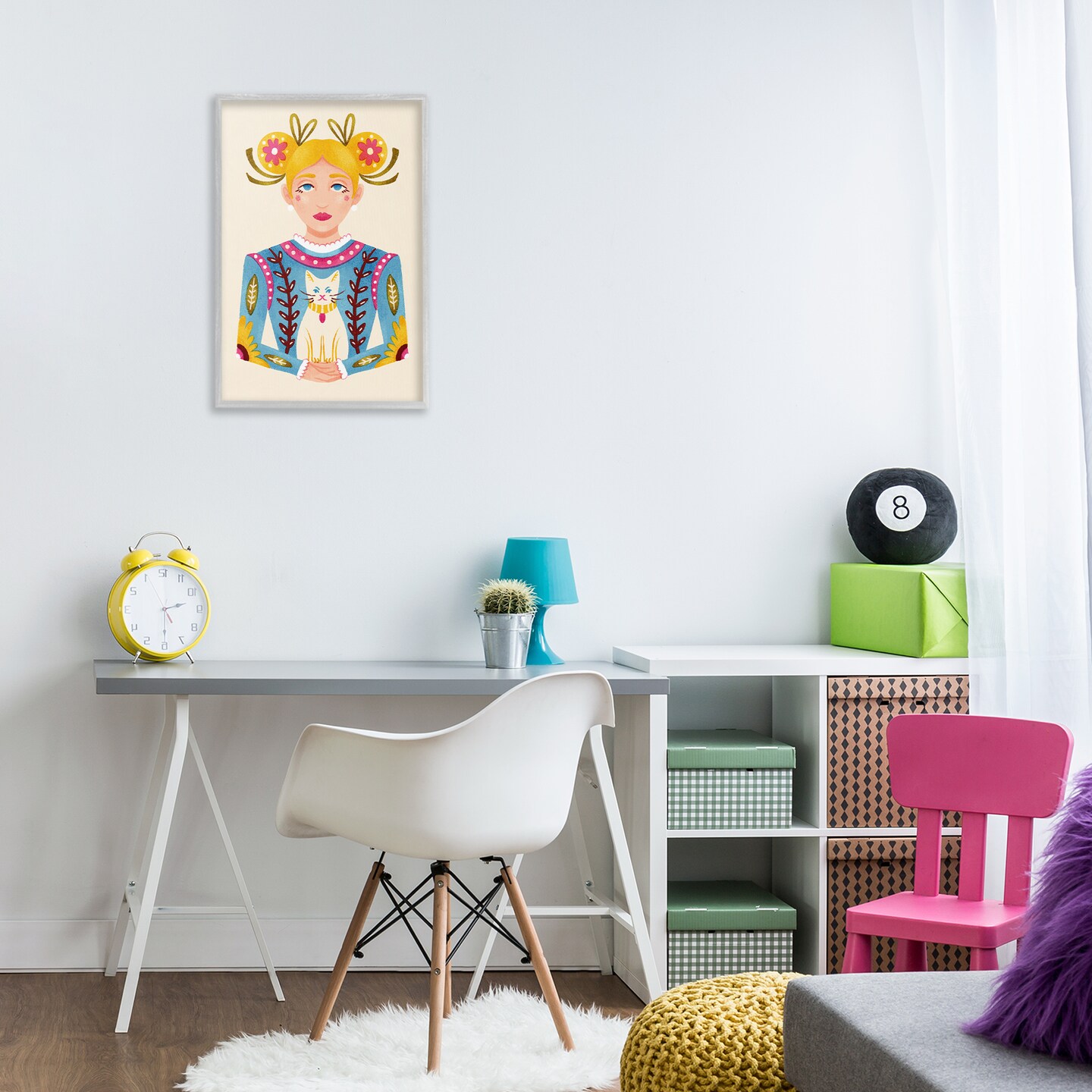 Stupell Industries Blonde Folk Girl with Cat Framed Giclee Design by Hannah Moren