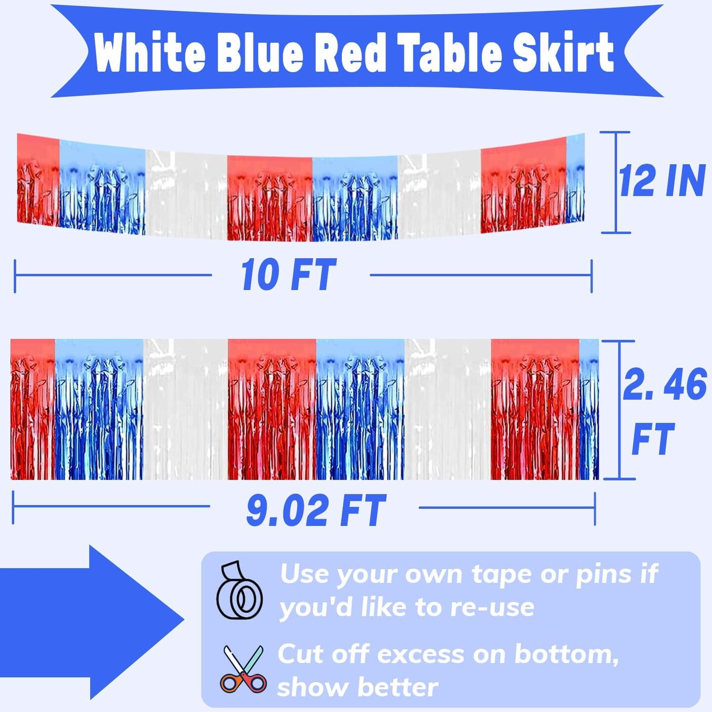 4P Metallic Foil Fringe Banner Tinsel Table Skirts for Rectangle Tables Backdrop Banner Garland Curtains for Parade Floats Wedding Graduation Anniversary Birthday Parties Decoration(White Blue Red)