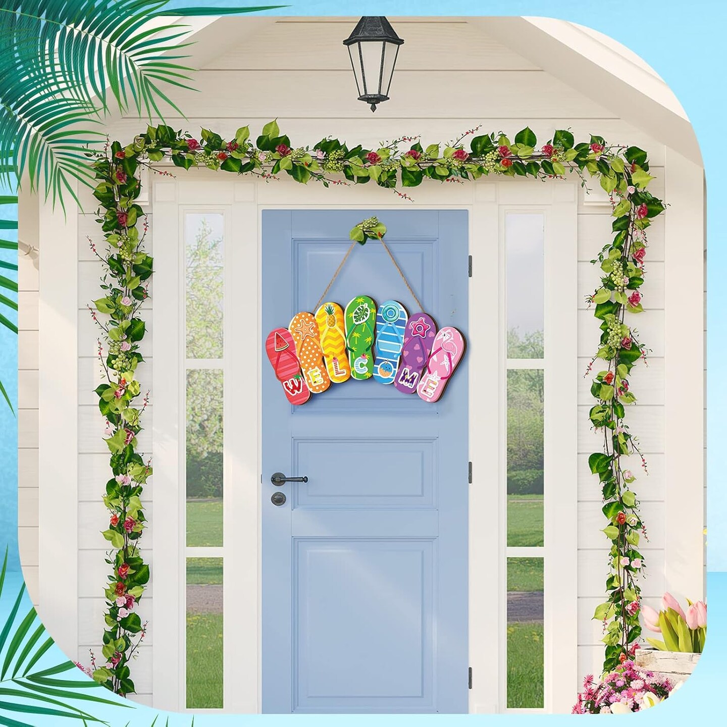 2 Pcs Hello Summer Slippers Hanging Sign Flip Flop Welcome Door Decor Rustic Summer Wall Decor for Door Indoor Yard Outdoor Garden Decoration with Rope