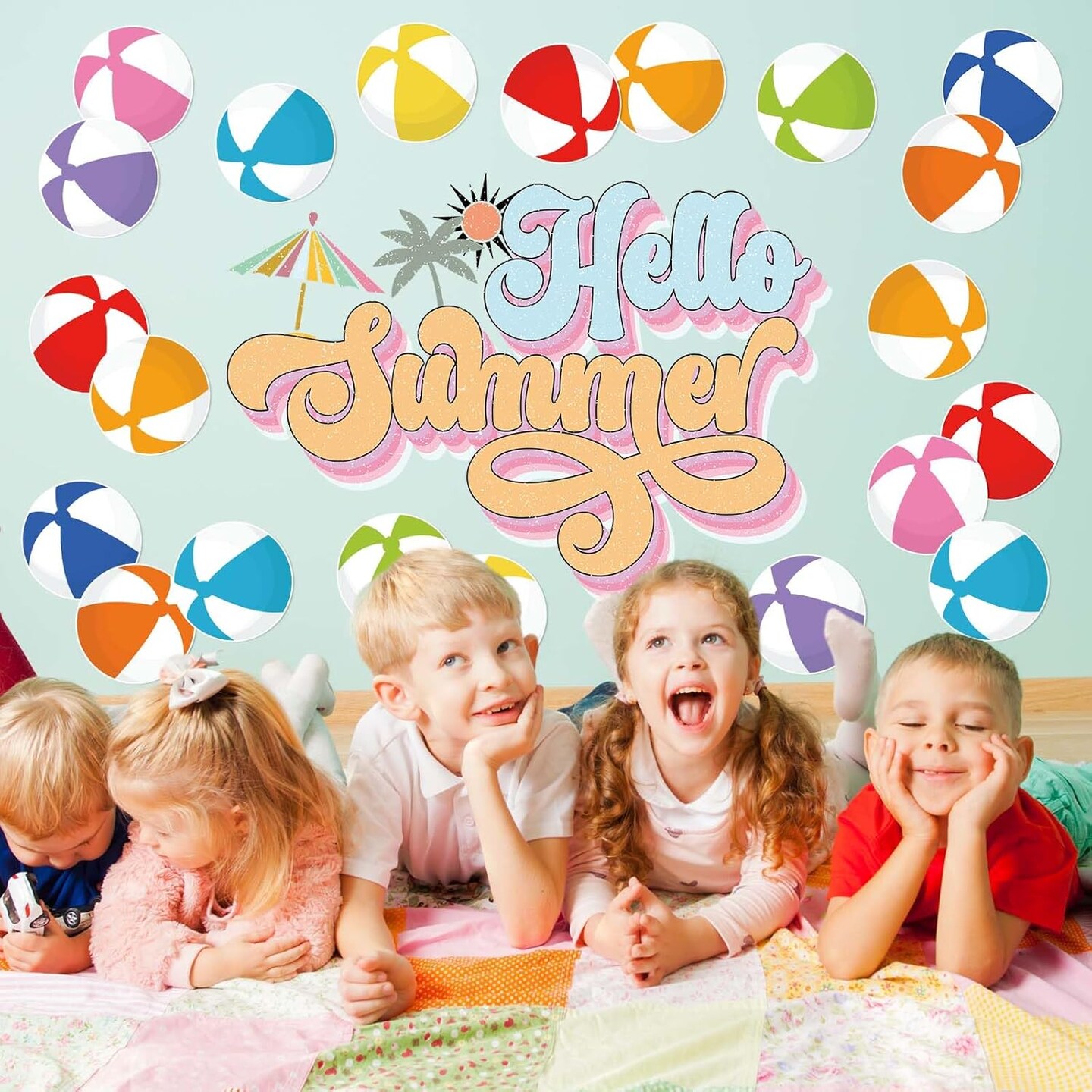 45Pcs Summer Cutouts Colorful Beach Ball Paper Cut-Outs 9 Colors Pool Ball Bulletin Board Decor with 100Pcs Glue Points for DIY Art Craft Wall Home Party