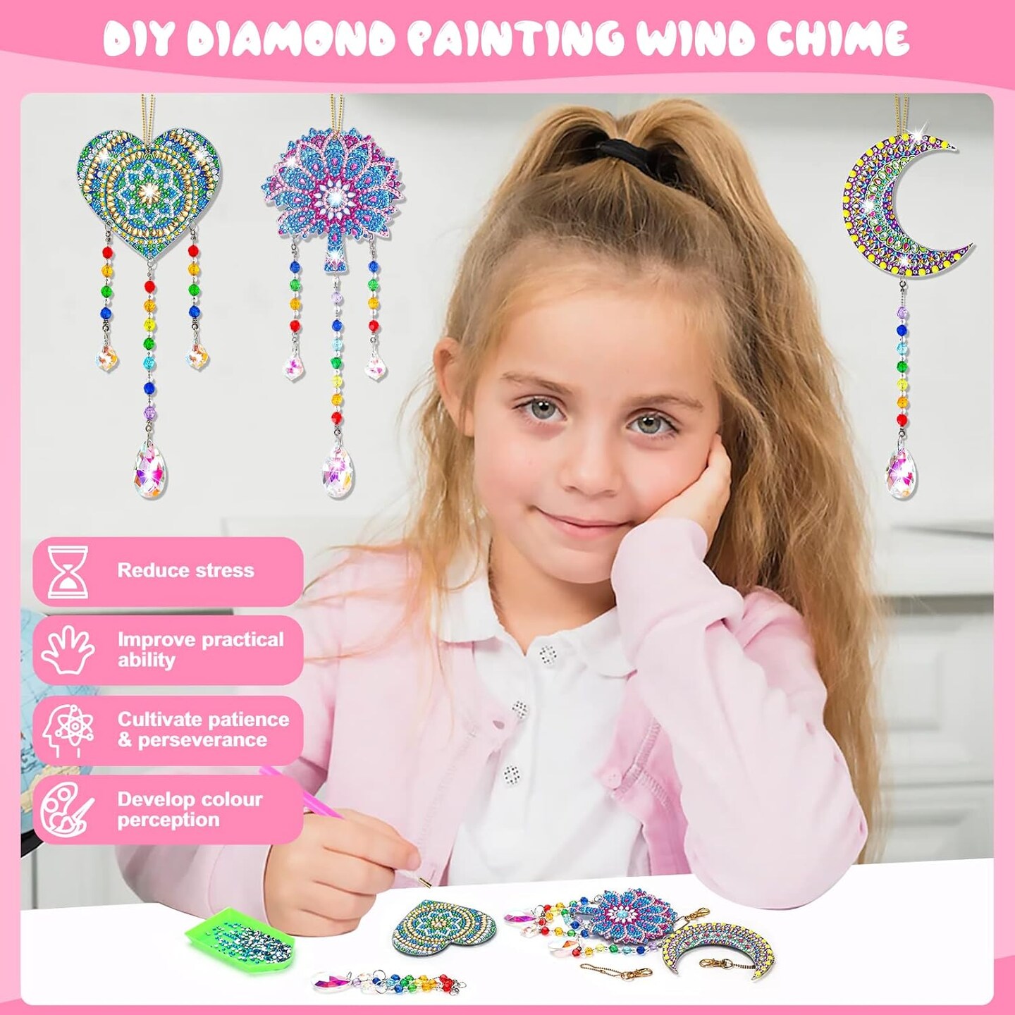 Summer Gift for 6-7-8-9-10 Yeal Old Girls Boys: Arts and Crafts for Kids Age 6-8-10-12 Diamond Art Wind Chimes Kit for Girl Toys Age 5-11 Present Sun Catcher DIY