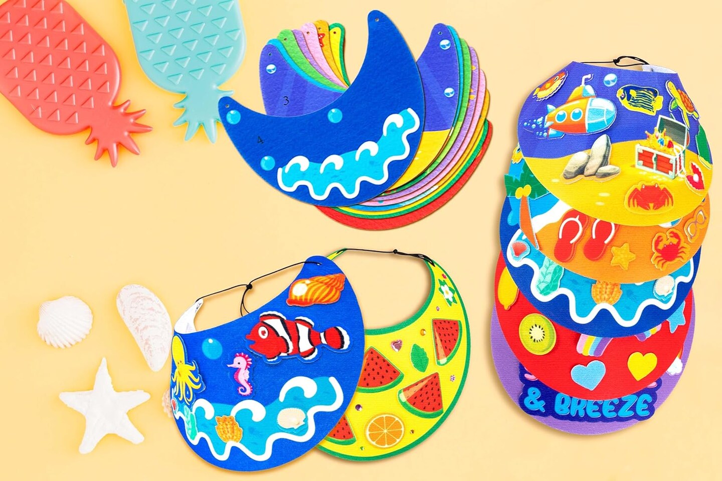 Summer Felt Visor Hats Crafts Kits for Kids Bulk, DIY Beach Sun Visor Hat Activities with Stickers for Hawaiian/Luau/Under-The-Sea Party Supplies