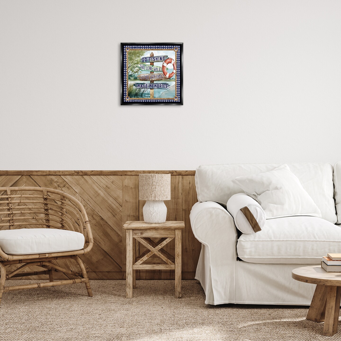 Stupell Industries Plaid Border Lake Sign Floating Frame Design by Nicole DeCamp