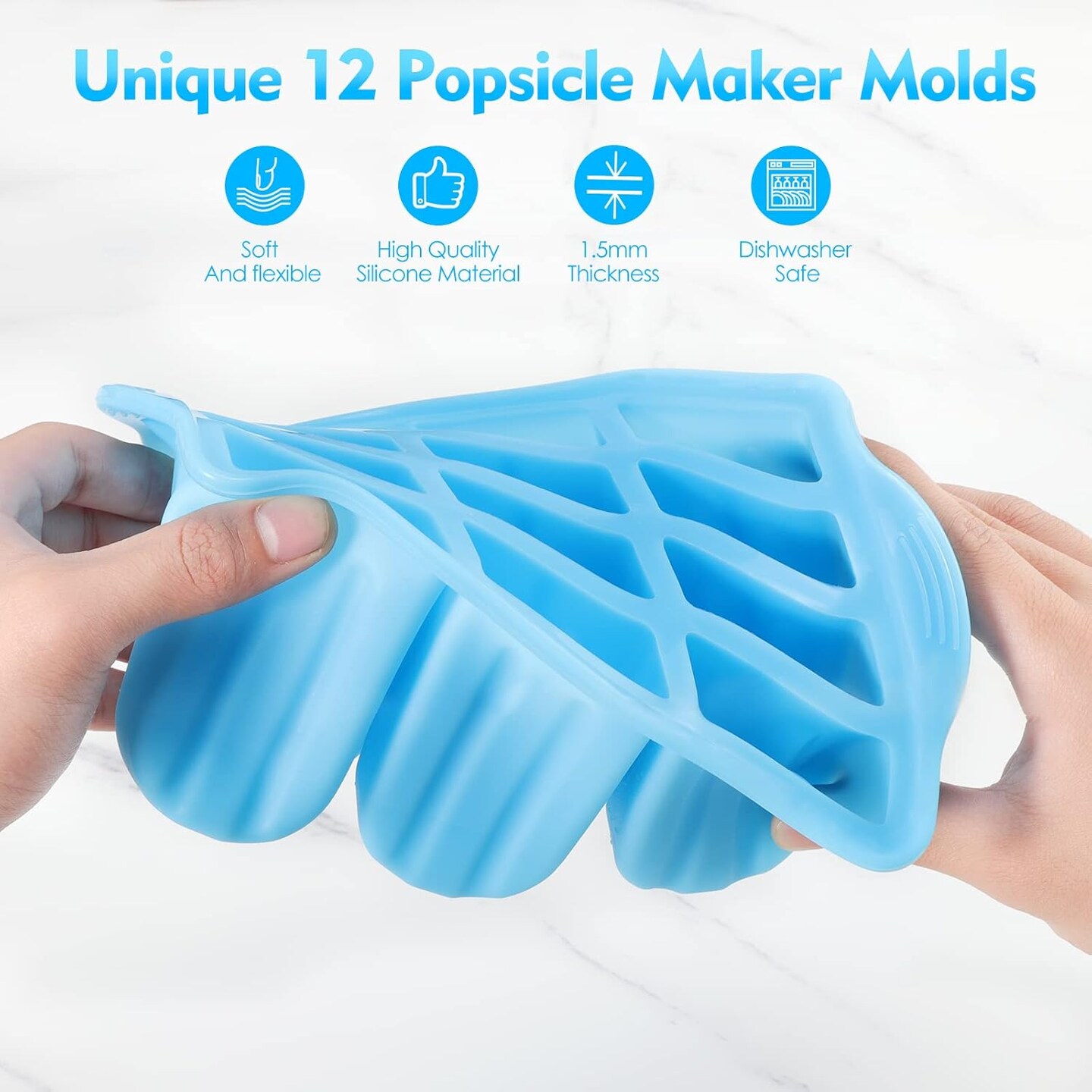 Popsicle Molds Silicone BPA-free,12 Pieces Popsicle Trays for Freezer,Homemade Ice Cream Popsicle Molds,Large Ice Pop Maker Set,Reusable Ice Lolly Mould with 100PCS Popsicle Sticks (Bule)