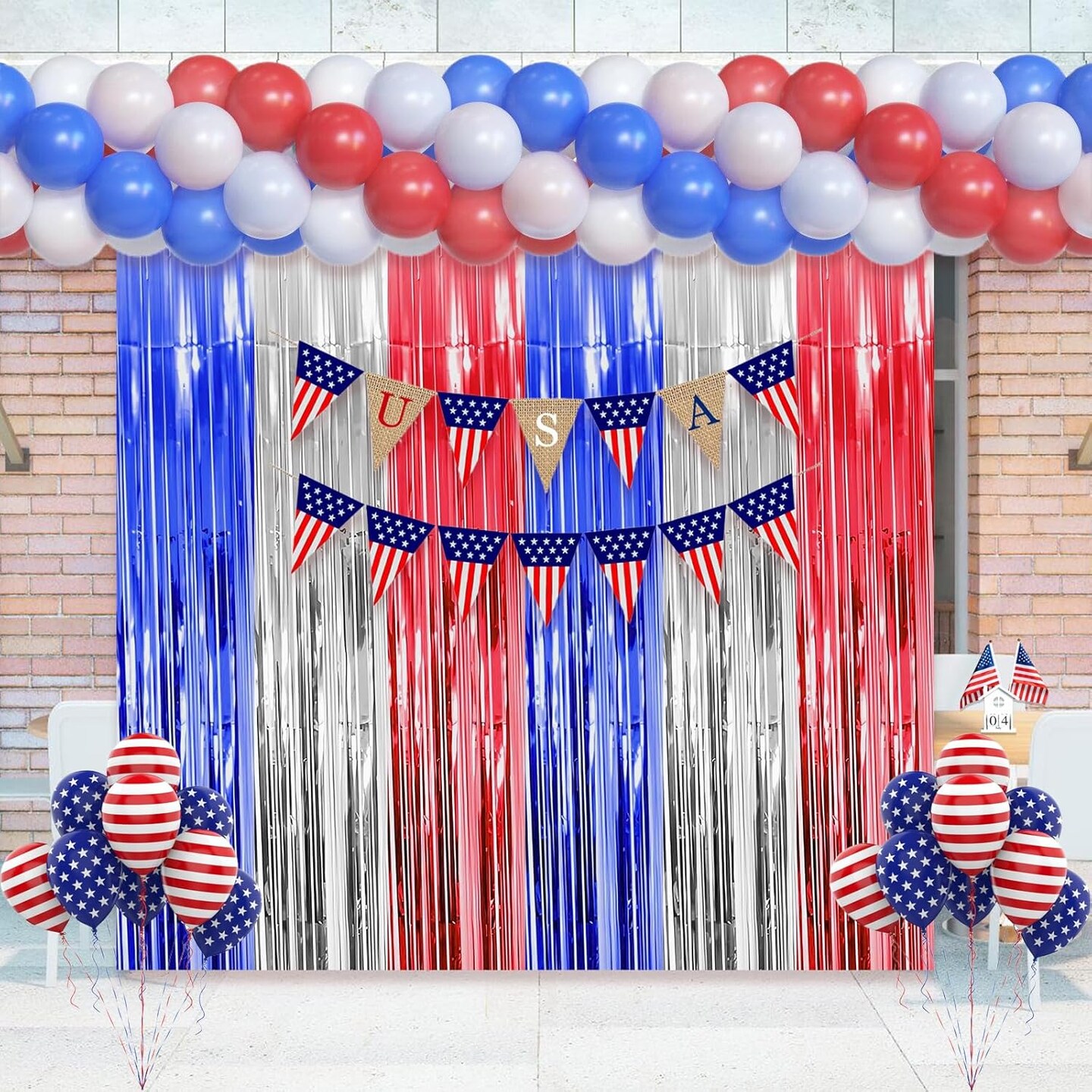 2pcs 3.3x6.6ft Red White and Blue Tinsel Foil Fringe Curtains 4th of July Decorations Party Streamer Backdrop for America Patriotic Party, Memorial Day, Independence Day, Labor Day