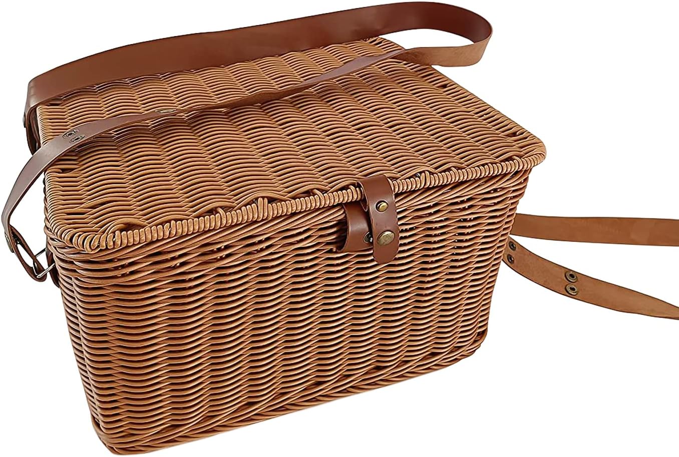 Wicker Picnic Basket for Picnics, Parties and BBQs, Hand Woven Polypropylene Fibers That Will Last with Leather Straps
