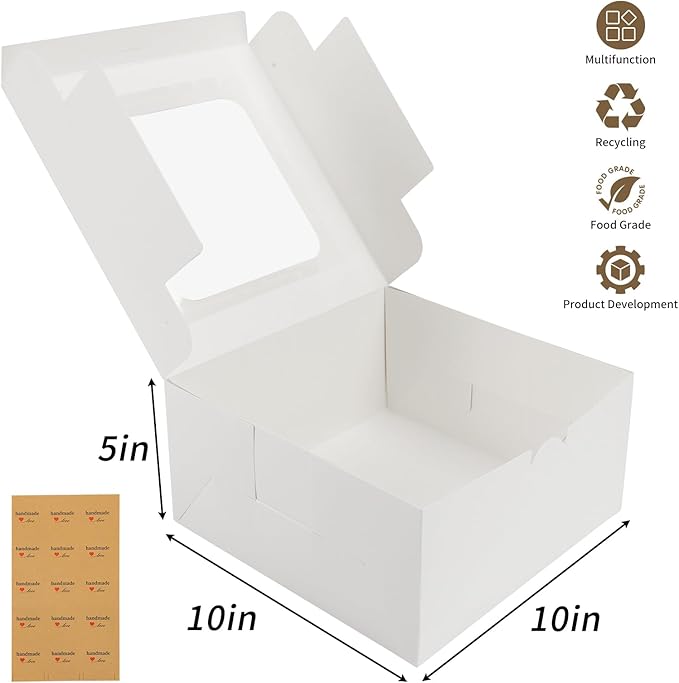 24pcs Cake Boxes, 10x10x5 Inches White Square Bakery Boxes with Window Cajas Pasteles for Cake, Mother&#x27;s Day, Pastries, Chocolates, Cookies, Pie, Birthday Party, Wedding