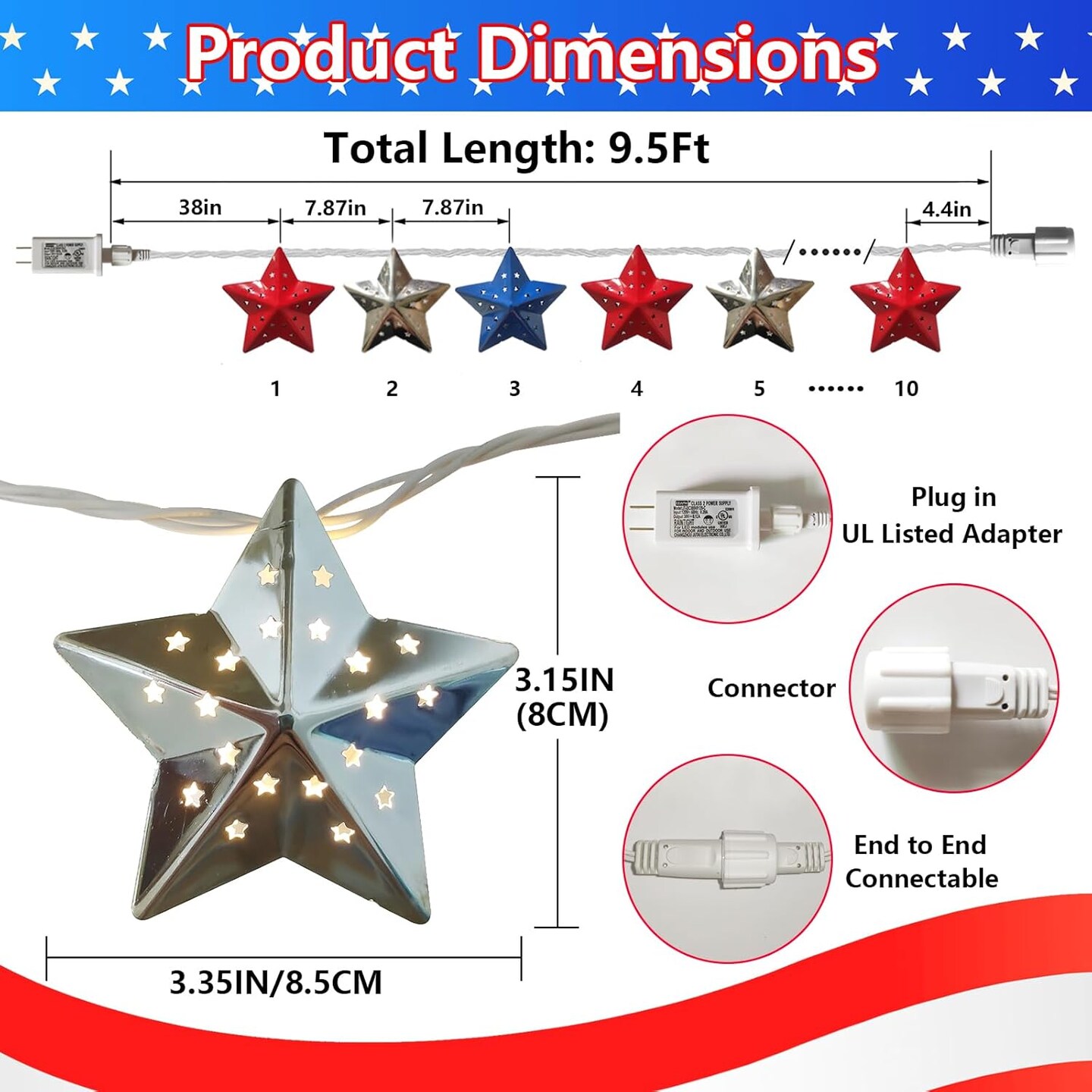 4th of July Decorations Red White and Blue Star Lights 9.5Ft 10 LED Star String Light, Plug-in Patriotic Decor Lights for Indoor Outdoor Fourth of July Independence Day Memorial Day Patriotic Decor