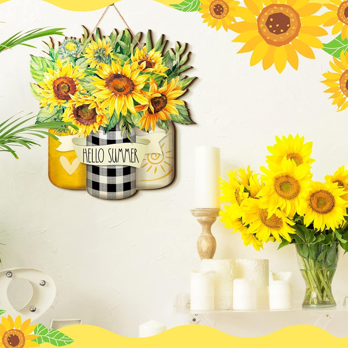 Sunflower Hello Summer Sign Welcome Wood Flower Sign Front Door Decor Inspirational Wood Hanging Door Sign Outdoor Wooden Front Door Decorations for Farmhouse Porch