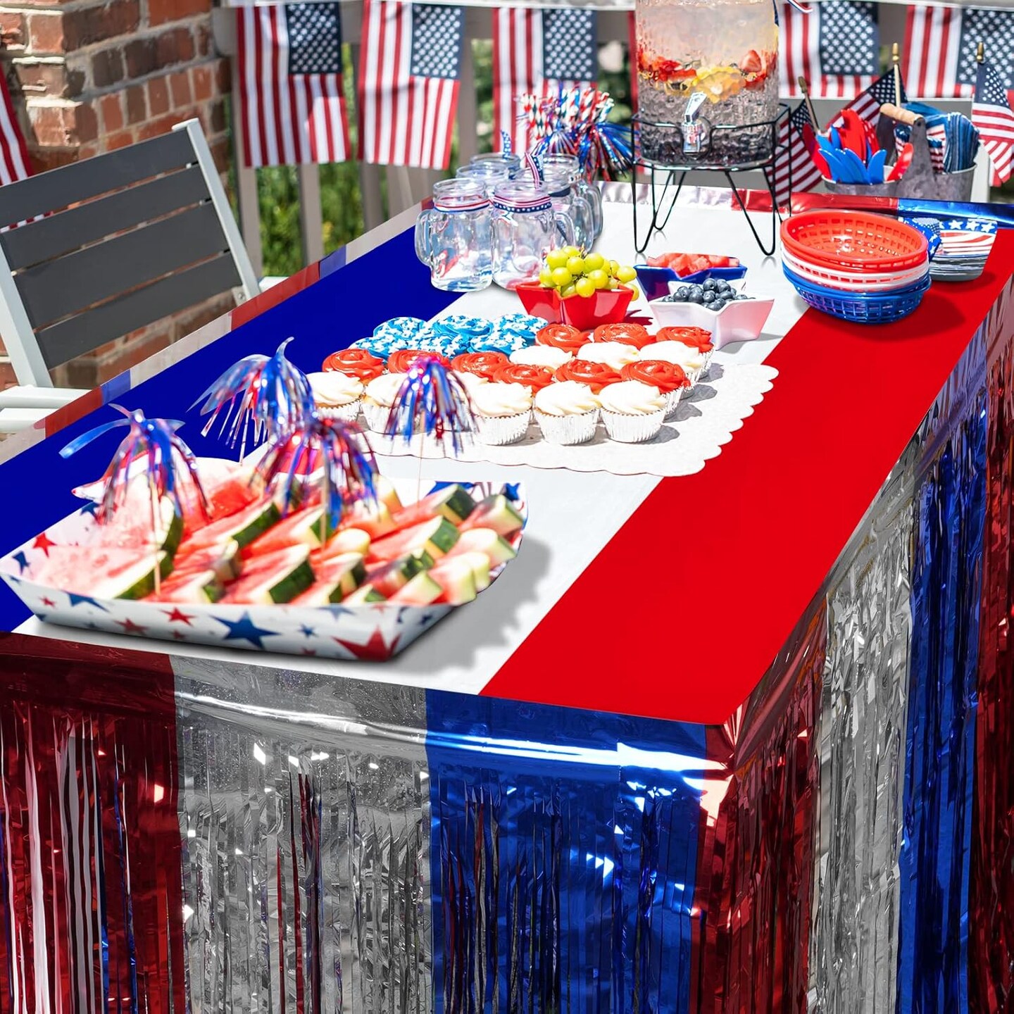 6 Pack 4th of July Table Skirt Decorations, Red Silver and Blue Patriotic Metallic Foil Fringe Tinsel Table Skirts, Fourth of July Table Decorations for Independence Memorial Veterans Day, 29x108 Inch