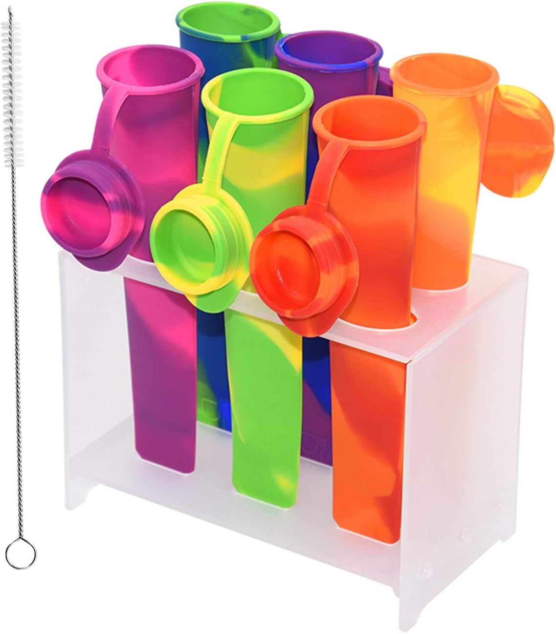 Popsicle Molds for Kids,6 Pieces Popsicles Molds Silicone BPA- Free Popsicle Molds with Rack,Multicolored Reusable Popsicle Maker Ice Pop Molds Attached Lids for Adults Kids with Cleaning Brush