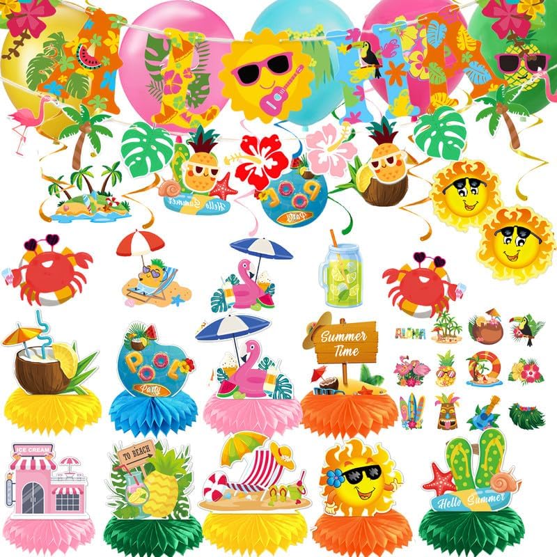 Summer Pool Party Decorations,Hawaiian Luau Party Decorations,Banner,Honeycomb Centerpieces,Foil Hanging Swirls,Hanging Card,Banner,Balloons,Beach Birthday Decor for Party