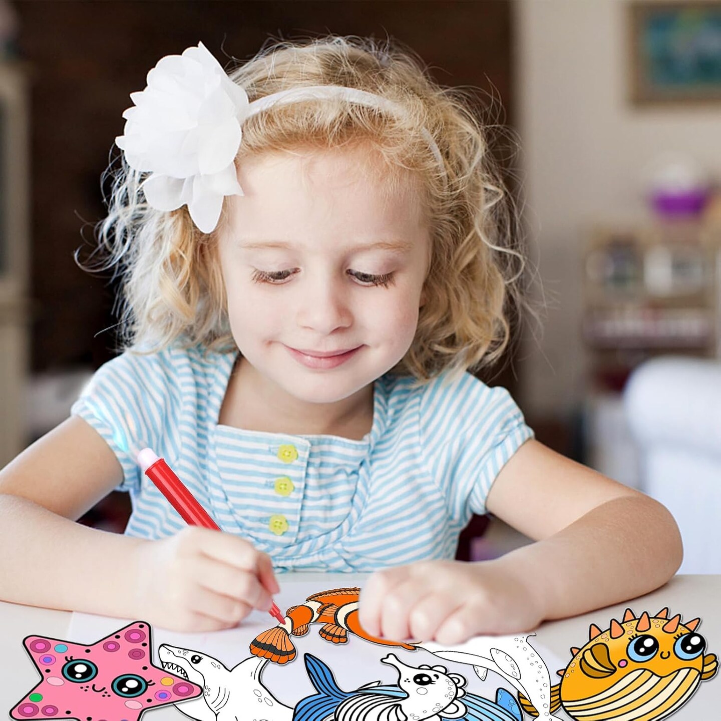 60 Set Ocean Animal Art Cards DIY Sea Animals Coloring Magnet Ornaments with 24 Colored Pen Ocean Craft Kits for Kids Sea Coloring Craft Painting Card for School Art Party Favors DIY Crafts Home Decor