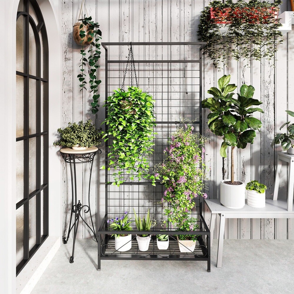 Multi-Tier Tall Metal Flower Plant Stand with Trellis &#x26; Hanging Bar
