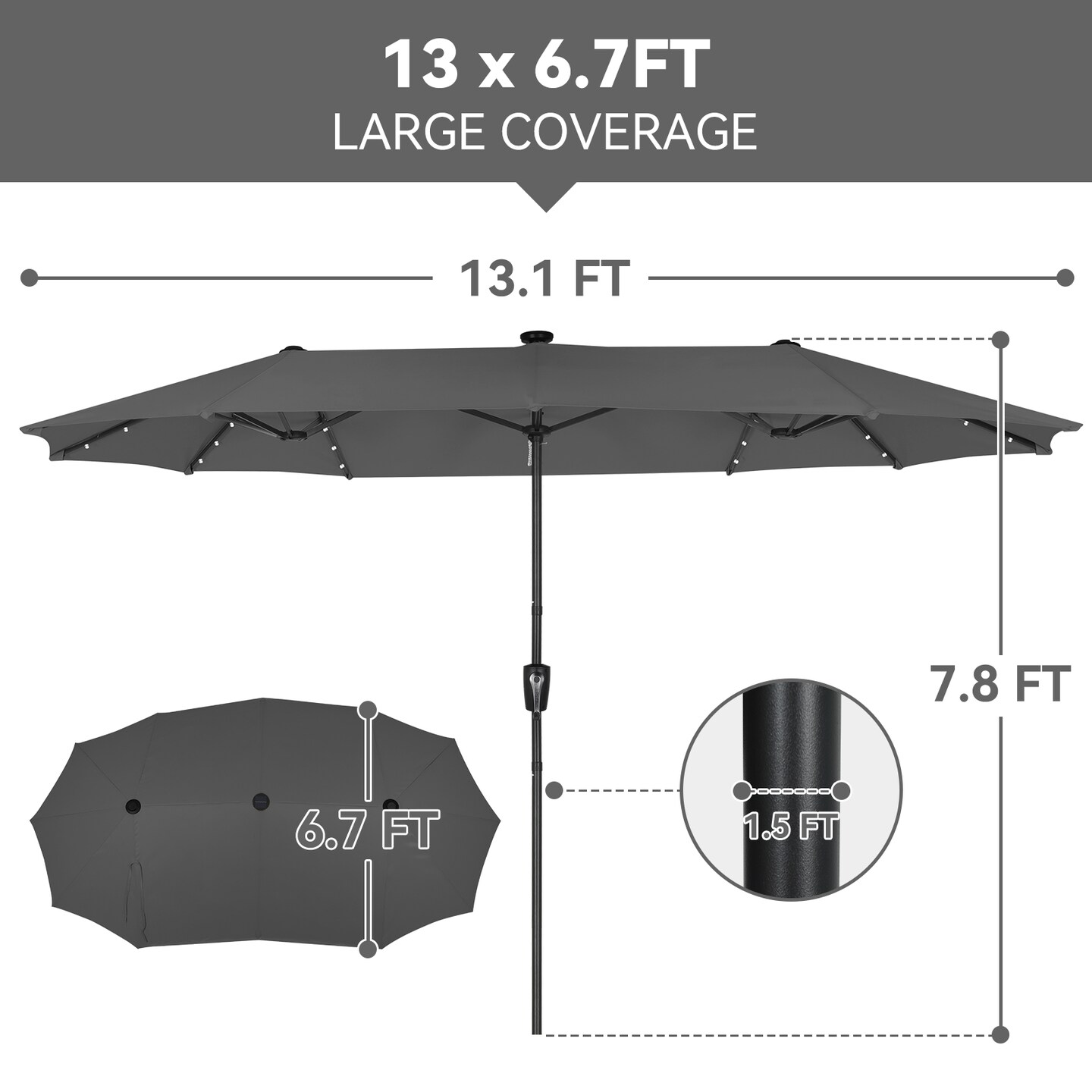 13ft Large Rectangular Outdoor Patio Umbrella with Solar Light, Reversible Outdoor Shade with Crank and Tilt for Garden, Patio, Deck and Pool (Dark Gray)