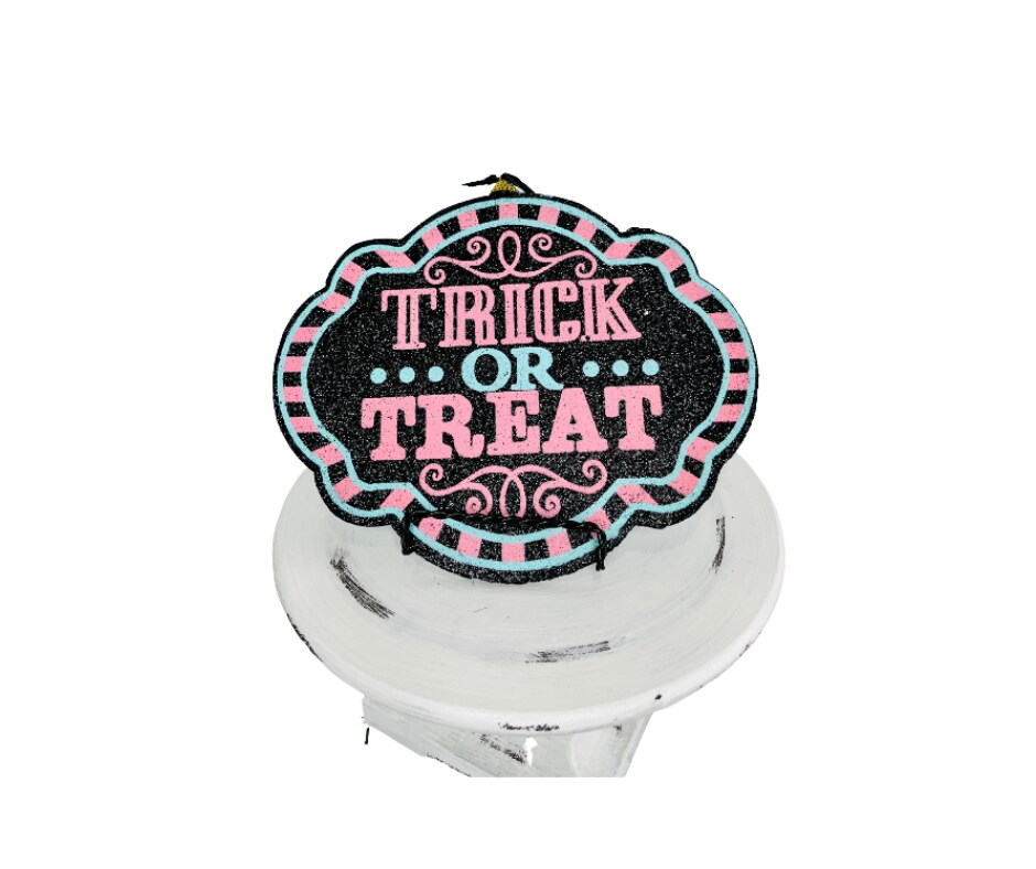 Spooky Delight: Pink/Mint/Black Halloween Trick or Treat Foam Sign-56596MIPK