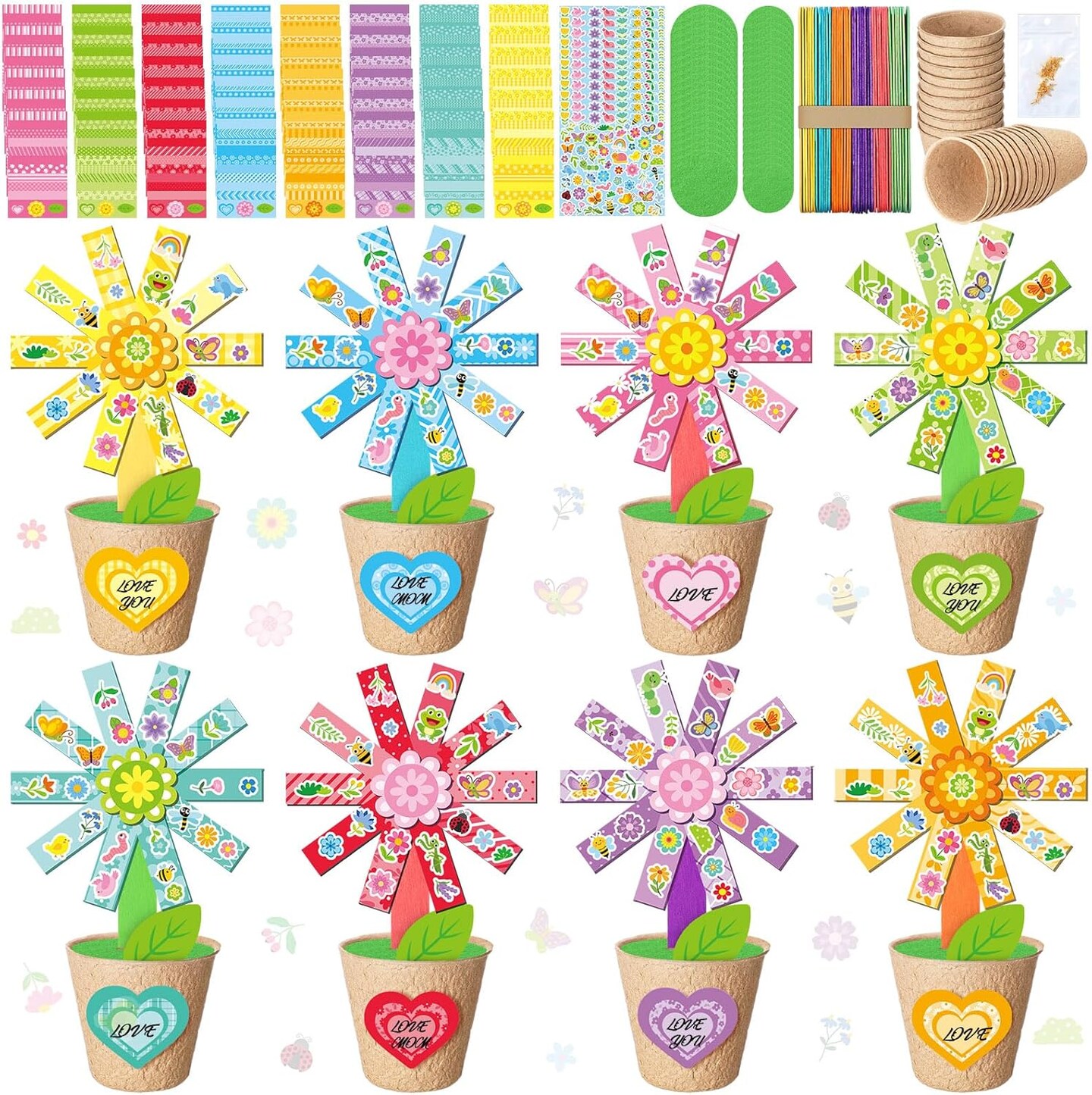 48 Pack Mother's Day Flower Pot Paper Craft Kits Spring Make Your Own Flowers Craft Sticker DIY Thanks
