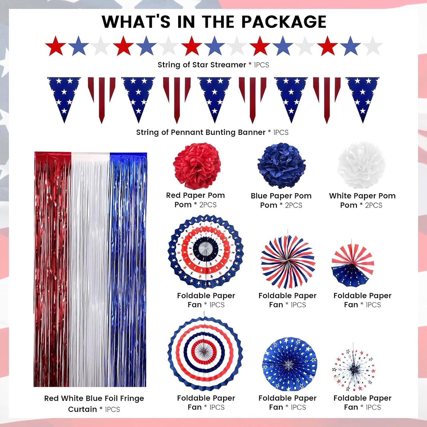 4th of July Decorations Patriotic Decor American Flag Red White Blue Paper Fans Independence Day Star Streamer, Foil Fringe Curtain, Pom Poms, USA Pennant Bunting Party Decor Supplies