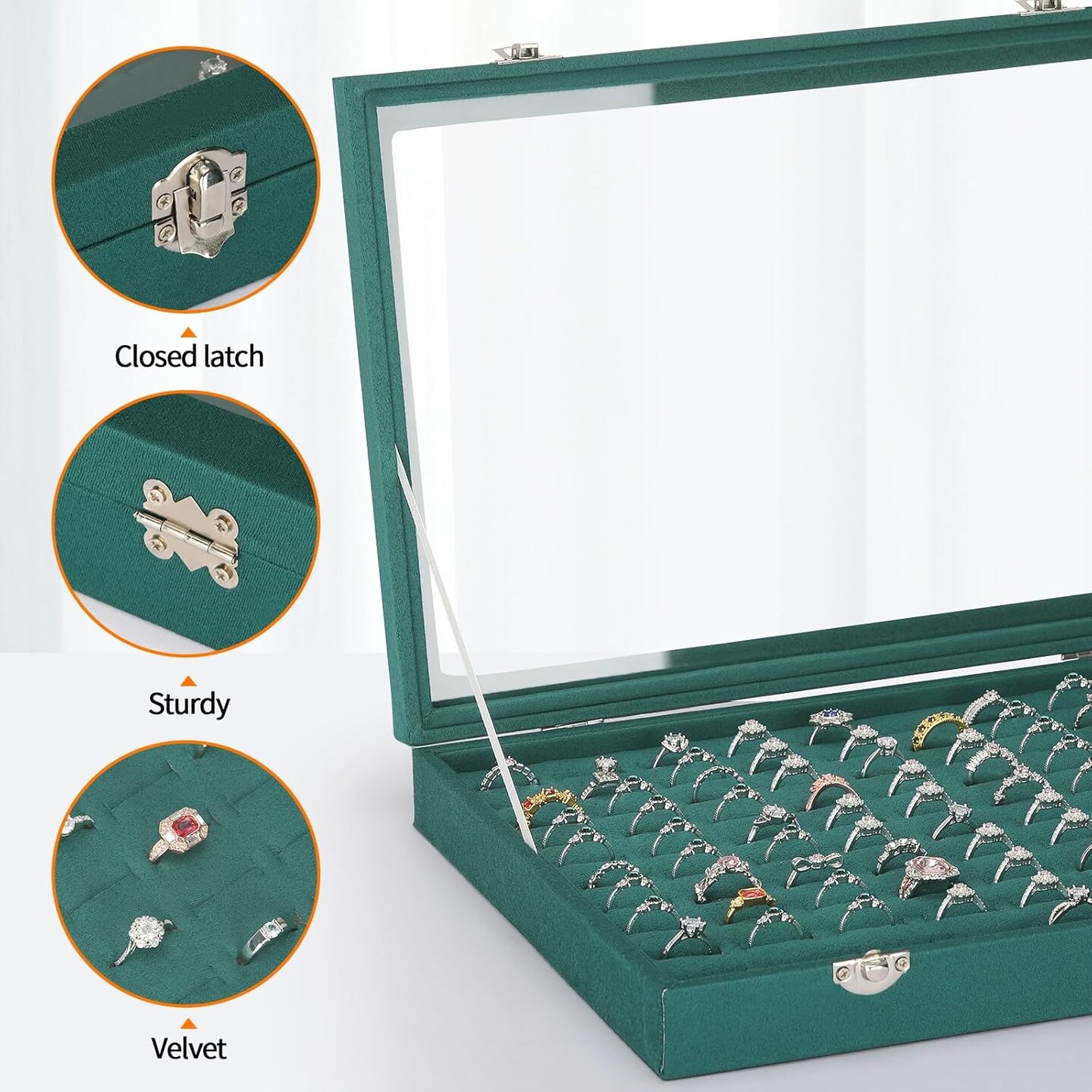 100 Slots Ring Organizer Display Tray, Velet Jewelry Ring Stud Earring Holder Storage Box with Transparent Lid