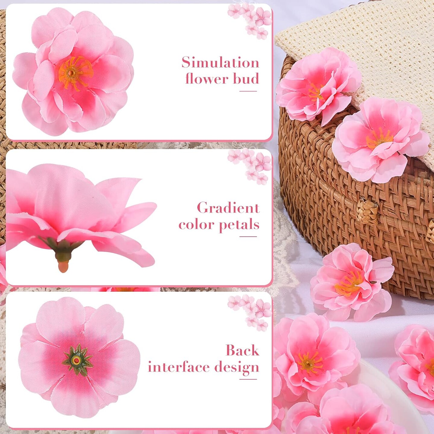 Cherry Blossom Heads,100pcs Artificial Fake Silk Cherry Blossom Petals Sakura Floral Head Decor for Craft Wedding Party