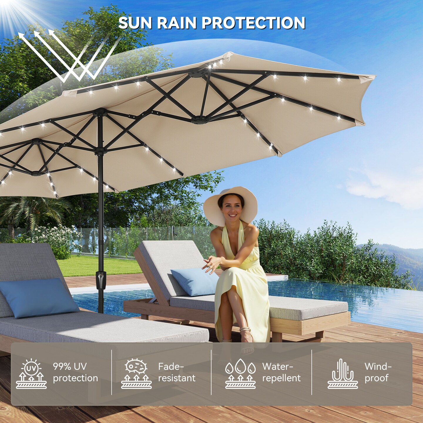 13ft Large Rectangular Outdoor Patio Umbrella with Solar Light, Reversible Outdoor Shade with Crank and Tilt for Garden, Patio, Deck and Pool (Beige)